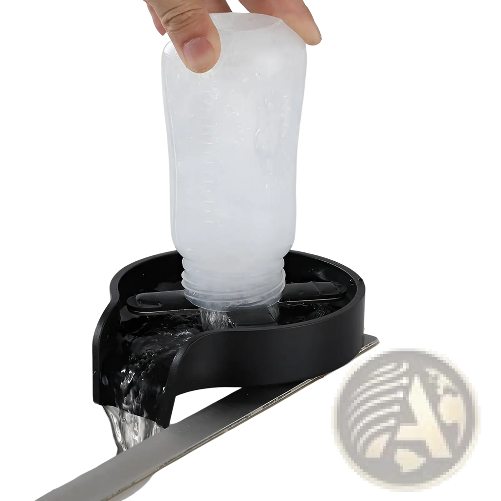 Black plastic cup washer for kitchen sink with frosted clear reservoir and integrated water spout for easy rinsing