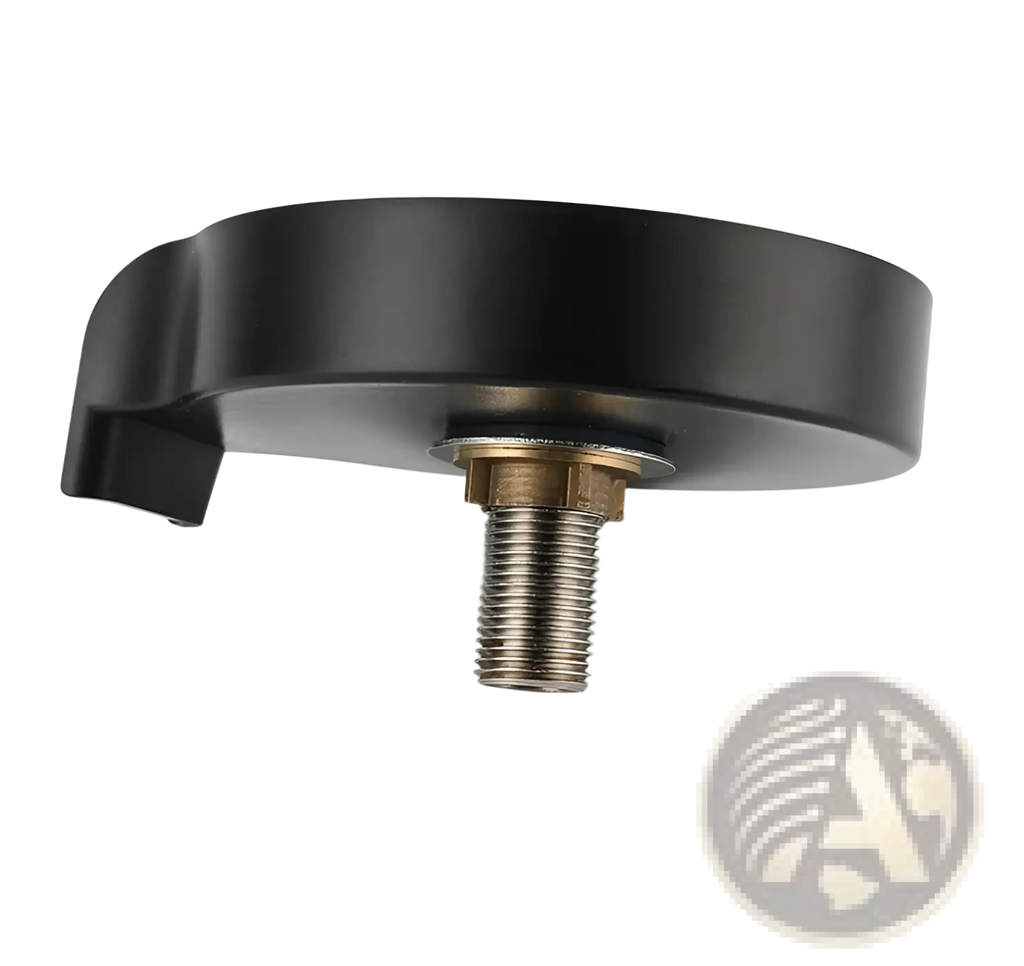 Black plastic cup washer mounting bracket with threaded metal bolt and brass-colored nut for kitchen sink glass rinser