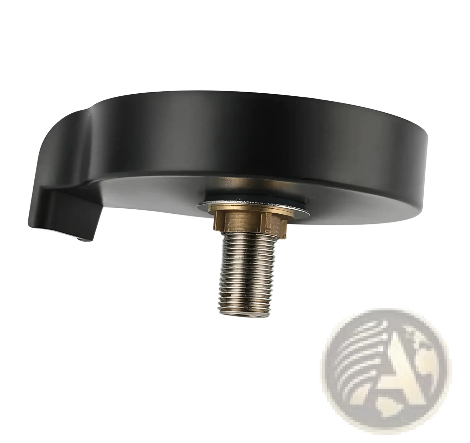 Black plastic cup washer mounting bracket with threaded metal bolt and brass-colored nut for kitchen sink glass rinser