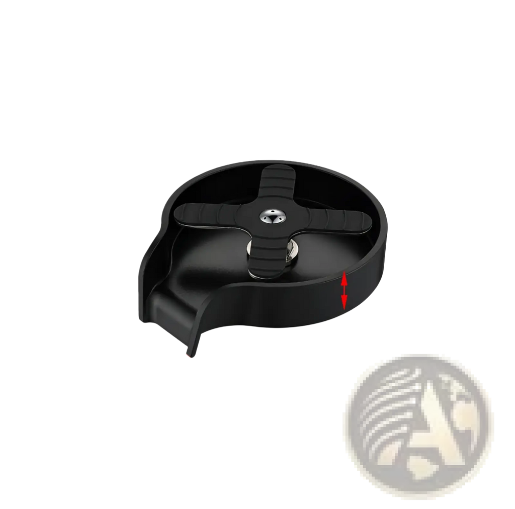 Black plastic cup washer for kitchen sink with central cross handle and integrated drain for automatic glass rinsing