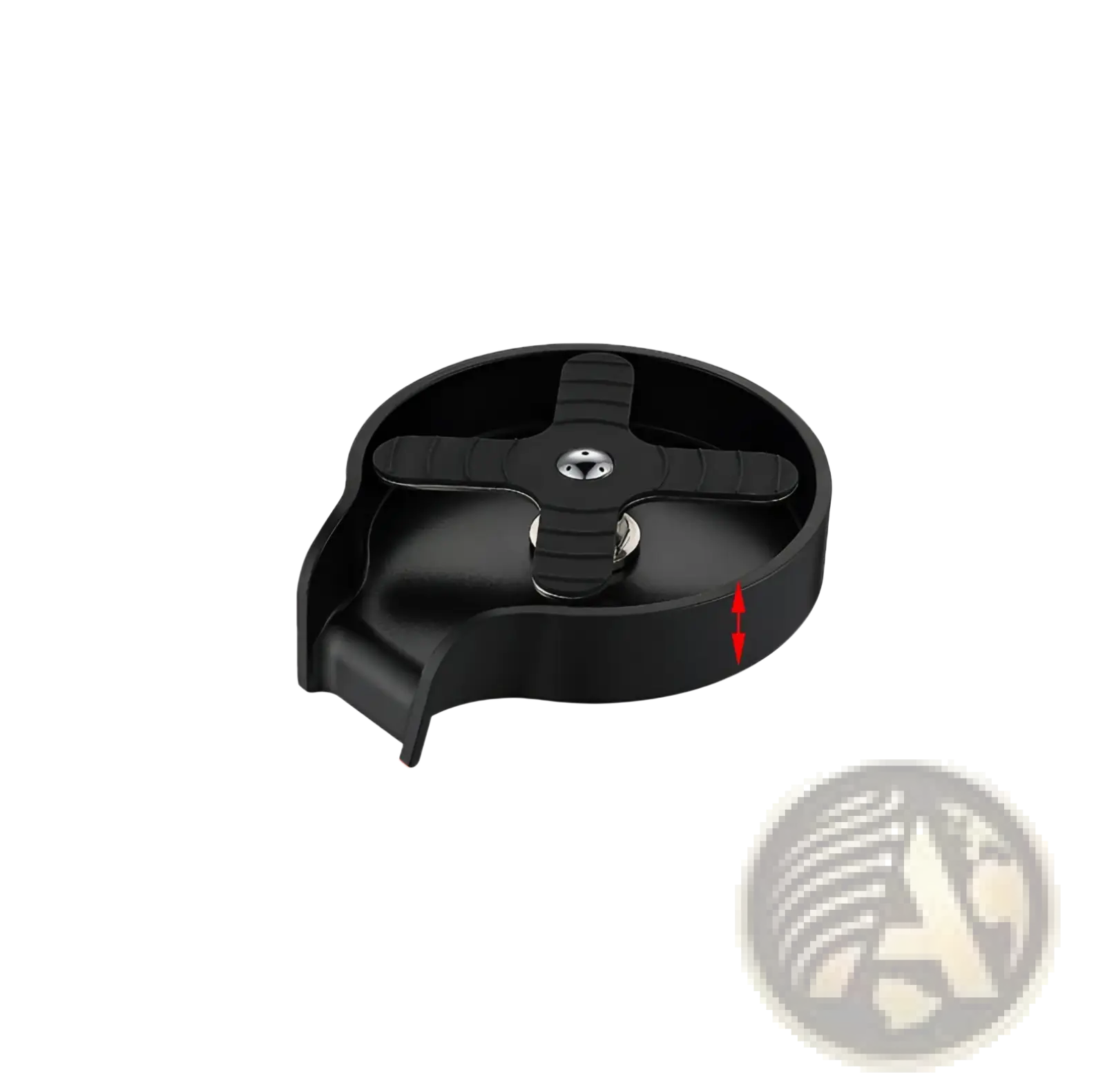 Black plastic cup washer for kitchen sink with central cross handle and integrated drain for automatic glass rinsing
