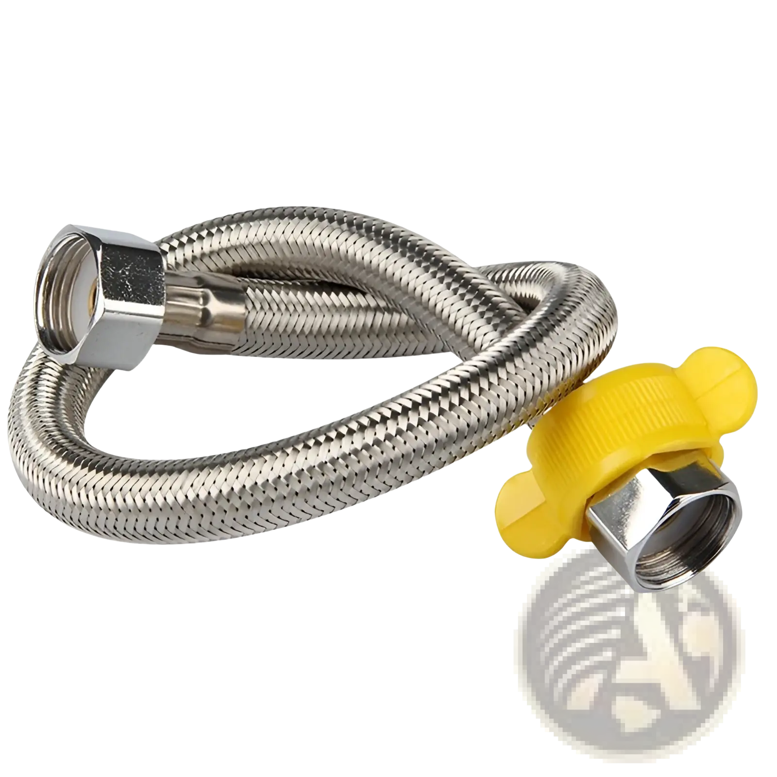 Silver braided metal cup washer hose with yellow plastic valve cap and threaded connectors for kitchen sink rinser