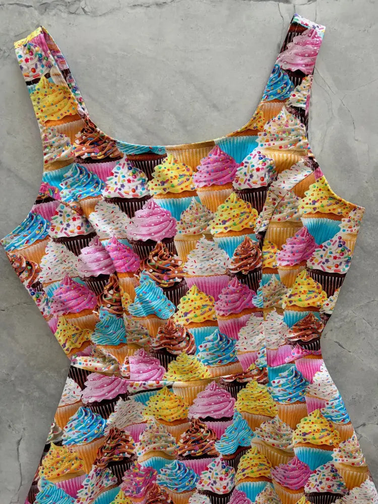 A vibrant sleeveless a-line skater dress with colorful cupcake print in pink blue yellow and brown featuring pockets