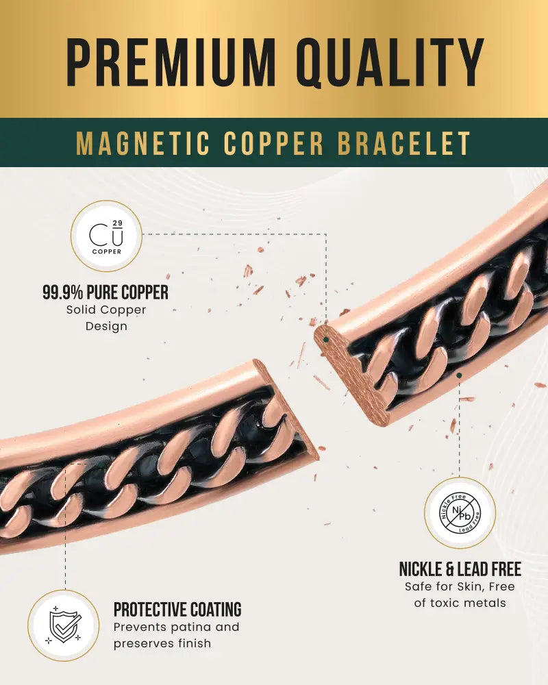 A sleek rose gold copper magnetic therapy cuff bracelet with black chain-link curb inlay and protective coating