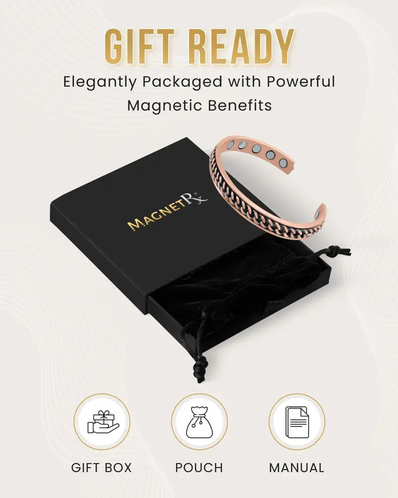 Rose gold curb chain inlay copper magnetic therapy cuff bracelet with embedded circular magnets and chain-link design