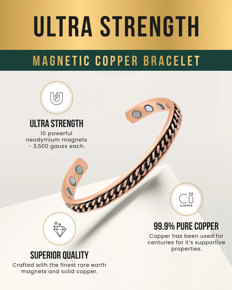 Curb chain inlay rose gold copper magnetic therapy cuff bracelet with braided design and embedded neodymium magnets