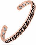 Rose gold copper magnetic therapy cuff bracelet with black curb chain inlay and embedded circular magnets