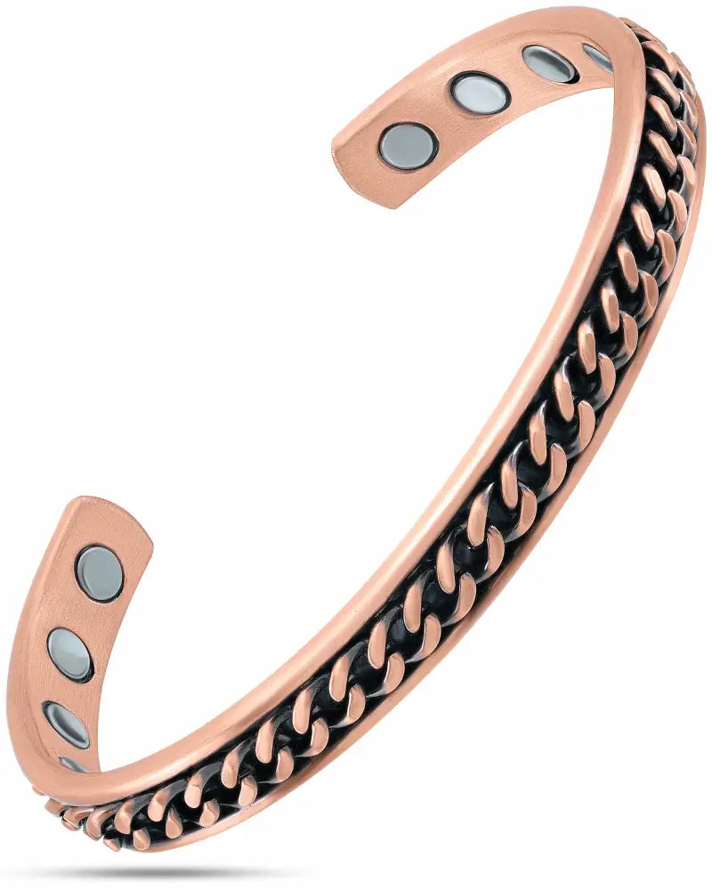 Rose gold copper magnetic therapy cuff bracelet with black curb chain inlay and embedded circular magnets
