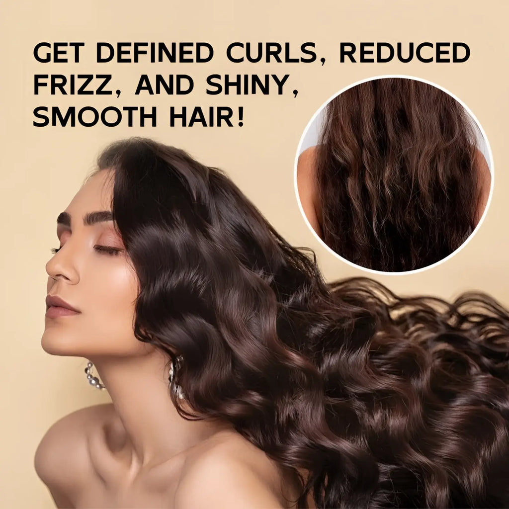 A woman with long smooth shiny dark brown wavy hair using curl defining cream with black castor oil 280ml