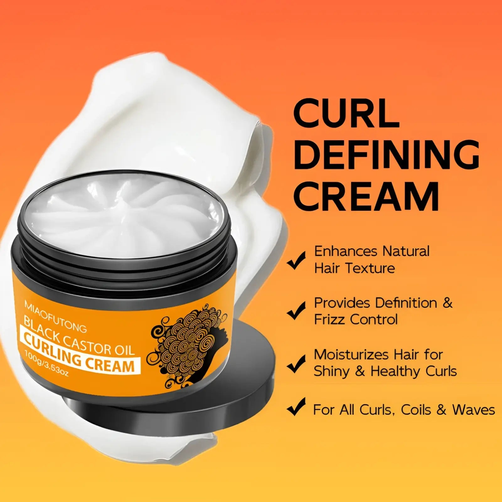 Miaofutong black castor oil curl defining cream in a vibrant orange jar with black lid and curly hair illustration
