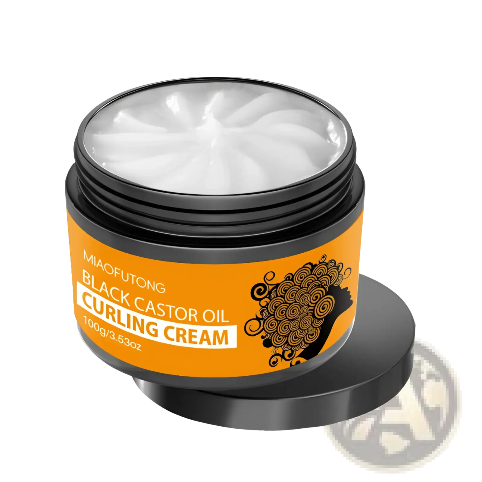 Miaofutong black castor oil curl defining cream in a black jar with an orange afro design label 280ml