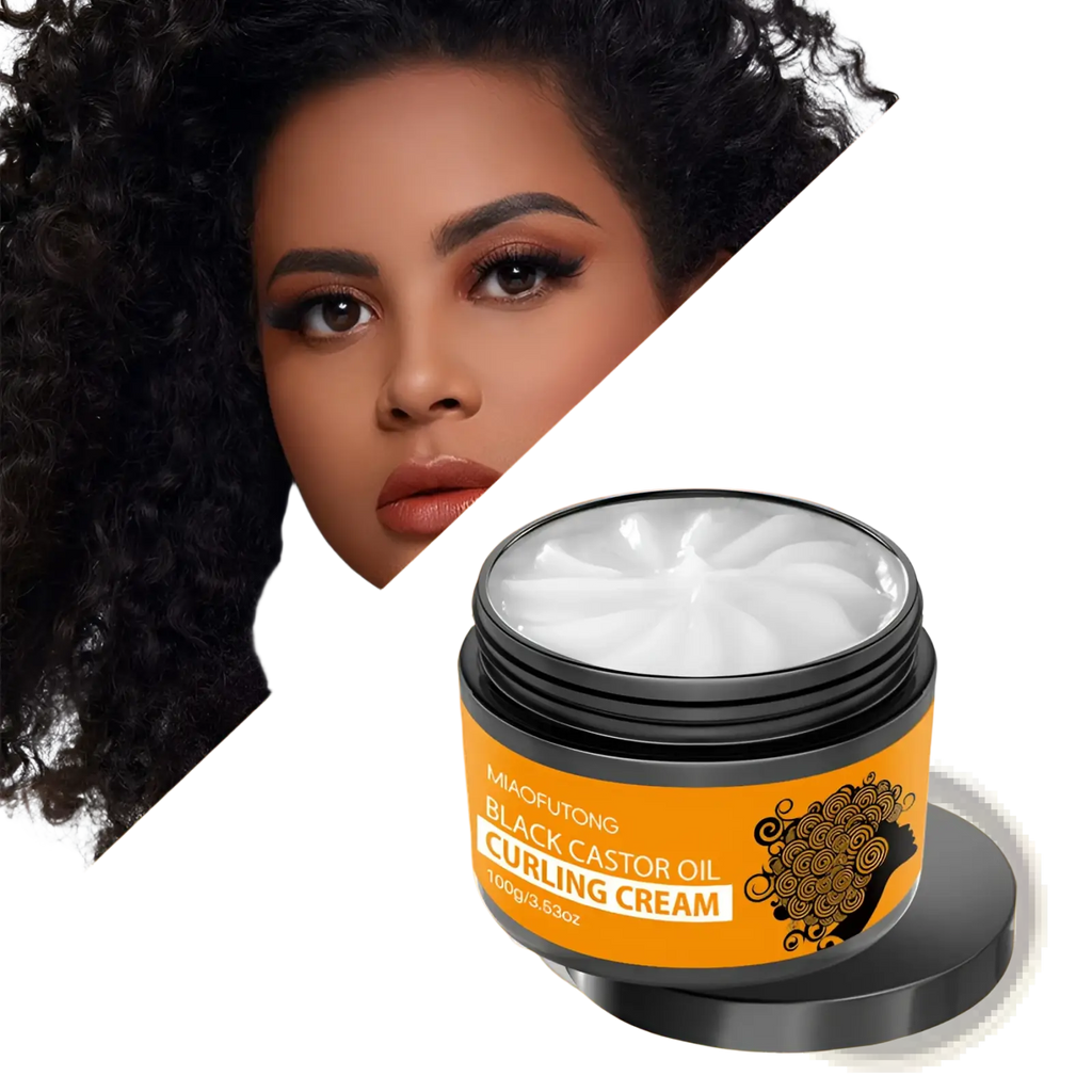 Orange jar of miaofutong Curl Defining Cream with black castor oil 280ml featuring black lid and afro design label