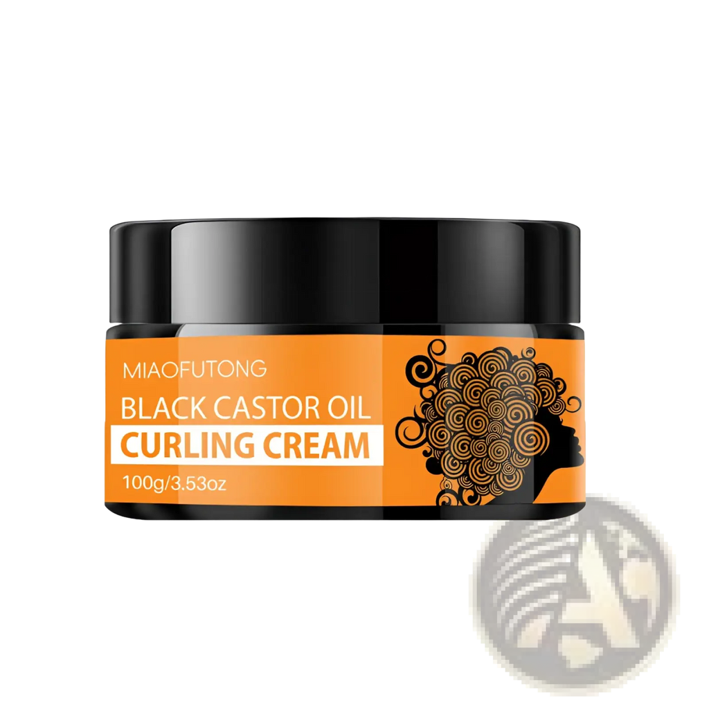 Miaofutong black castor oil curl defining cream in a vibrant orange jar with black lid and curly hair silhouette label