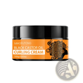 Miaofutong black castor oil curl defining cream in a vibrant orange jar with black lid and curly hair silhouette label