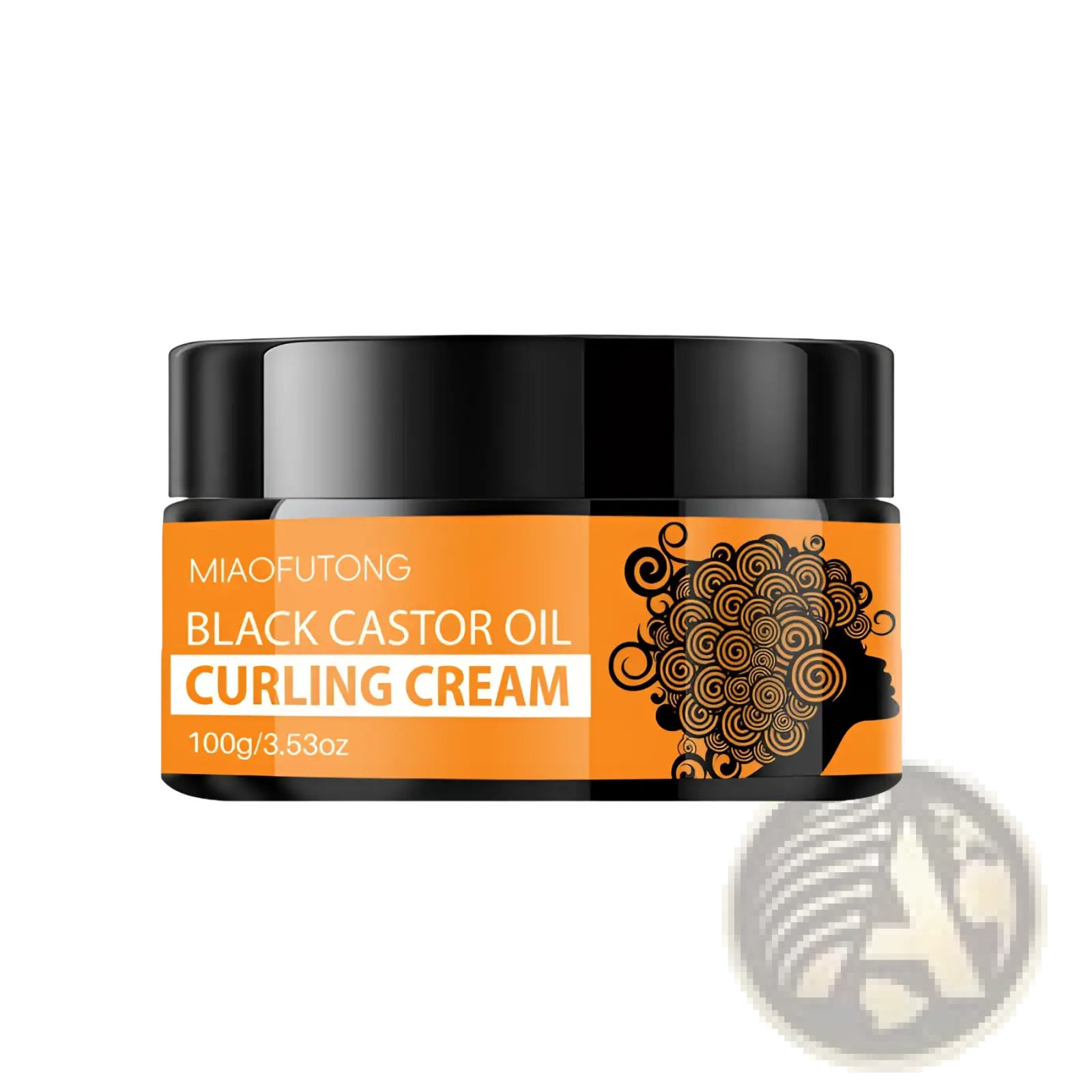 Miaofutong black castor oil curl defining cream in a vibrant orange jar with black lid and curly hair silhouette label