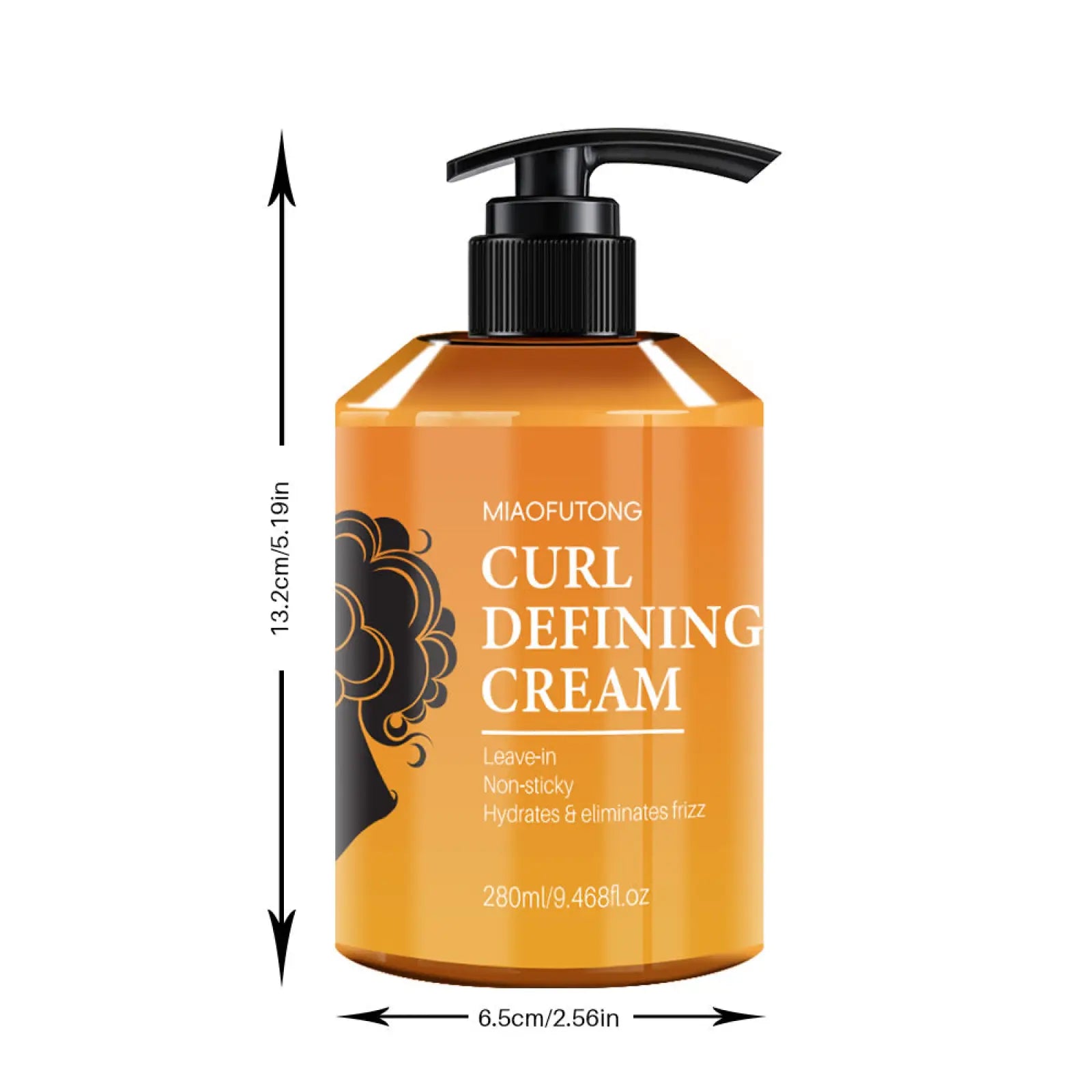 Orange plastic bottle of miaofutong curl defining cream with black pump and curly hair graphic for 280ml use