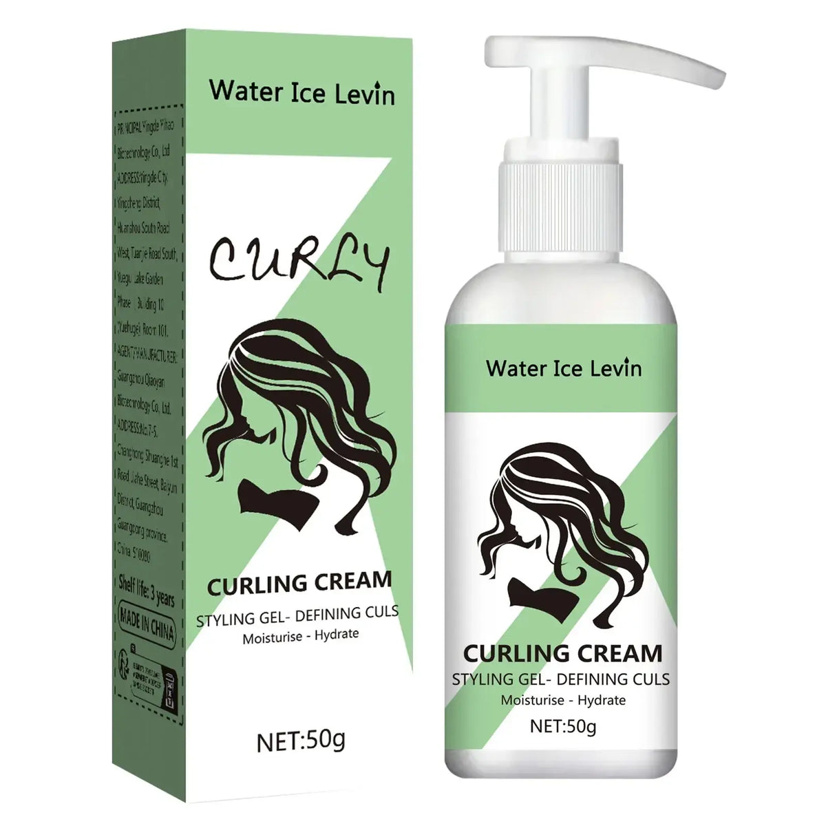 White pump bottle of water ice levin keratin biotin curling cream with green label and black curly hair silhouette curl enhancer