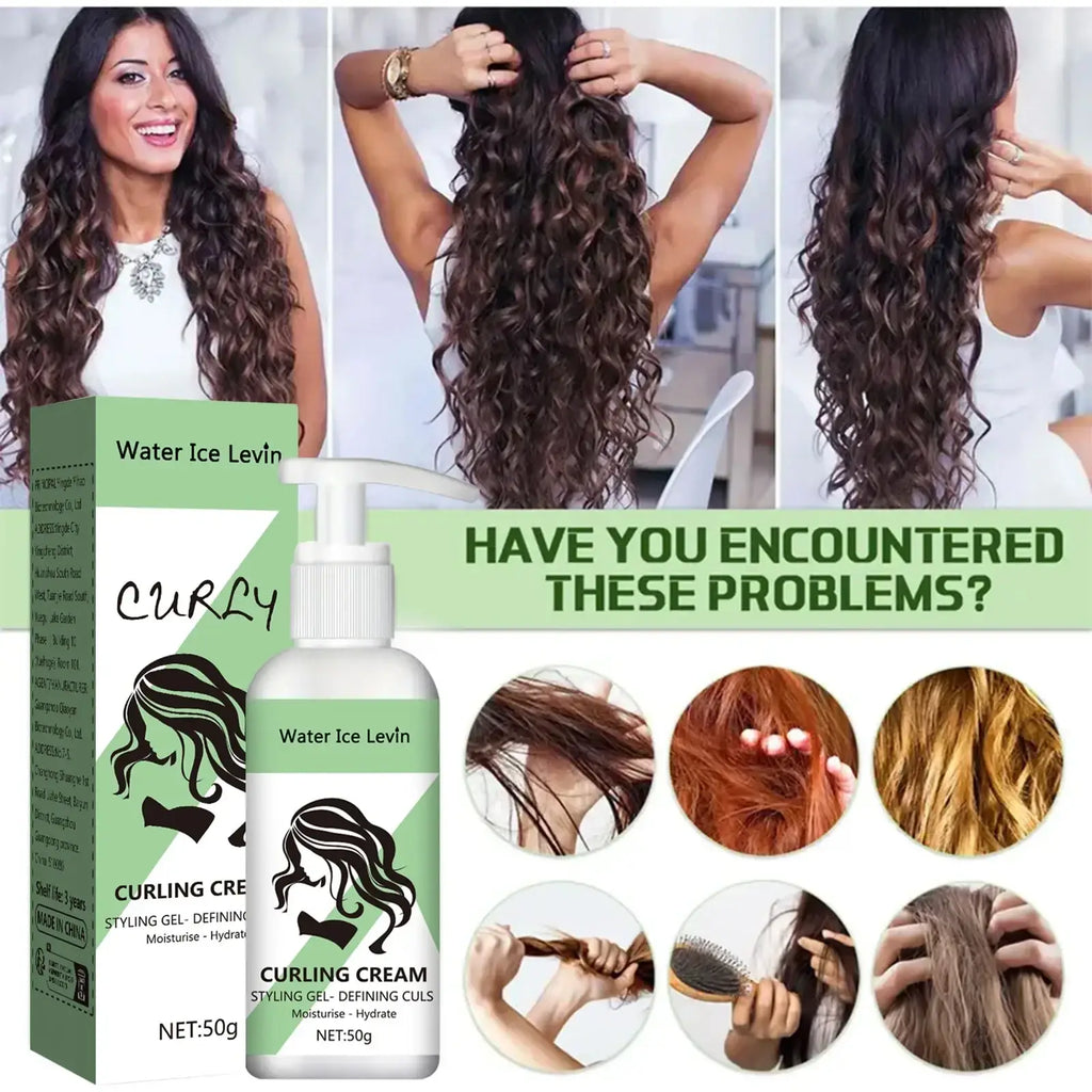 White pump bottle of water ice levin curling cream with green label featuring black hair silhouette as a curl enhancer