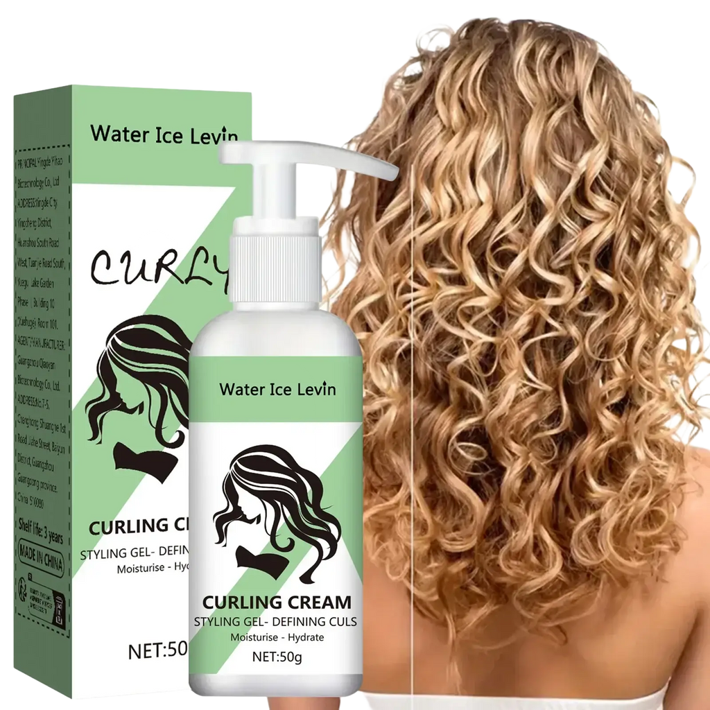 White pump bottle of Water Ice Levin curling cream with green label and black silhouette design curl enhancer