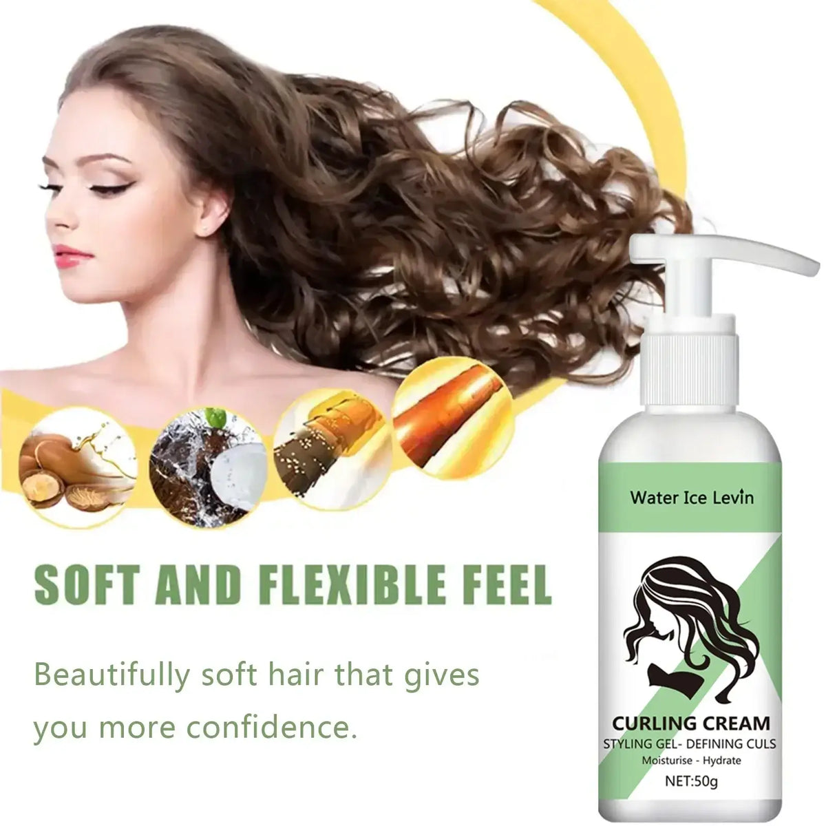 White pump bottle of water ice levin curling cream with green and white label featuring a black silhouette curl enhancer