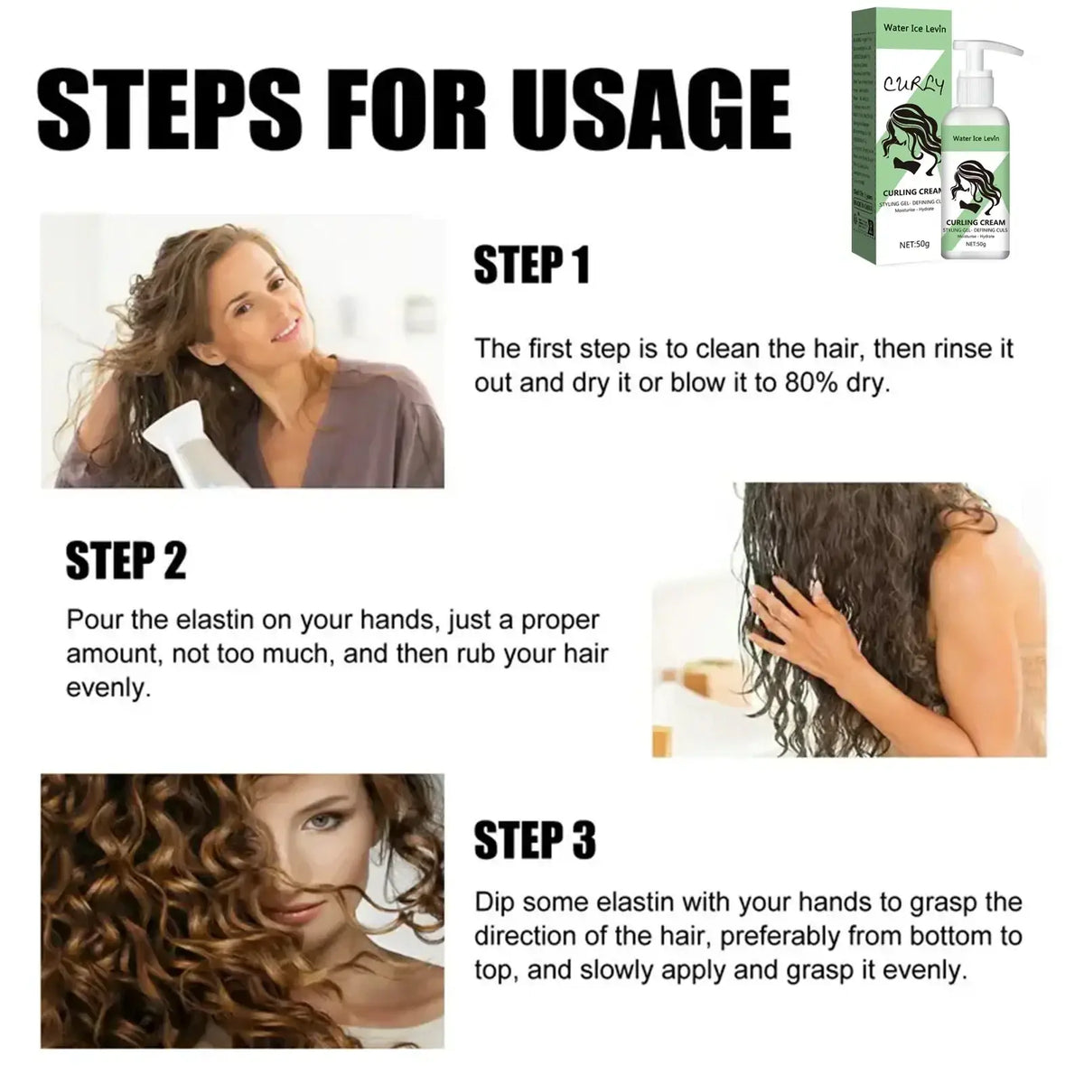 White pump bottle of curling cream keratin biotin curl enhancer with green and white packaging for curly hair care