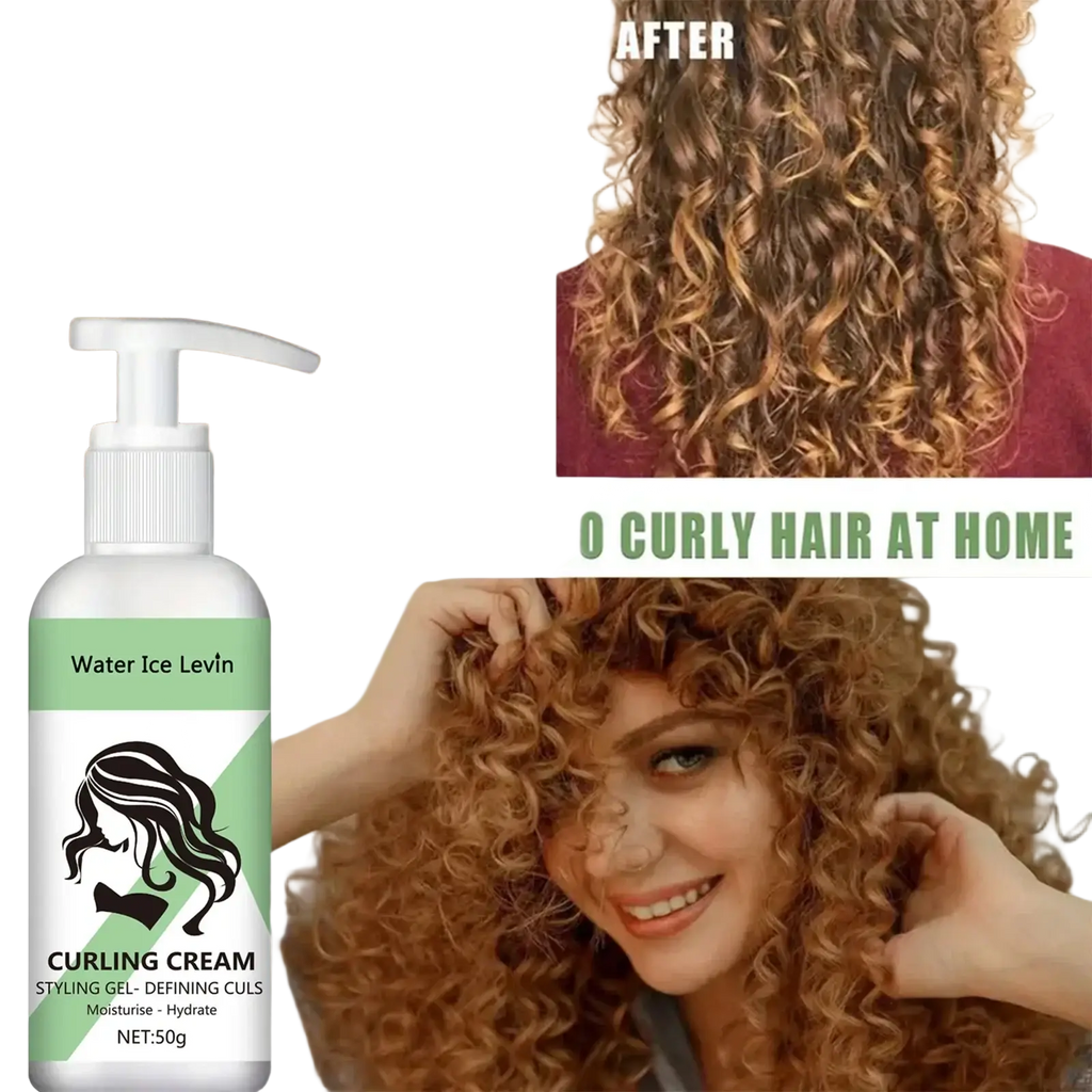 White pump bottle of white ice levin curling cream with green and white label designed as a keratin biotin curl enhancer