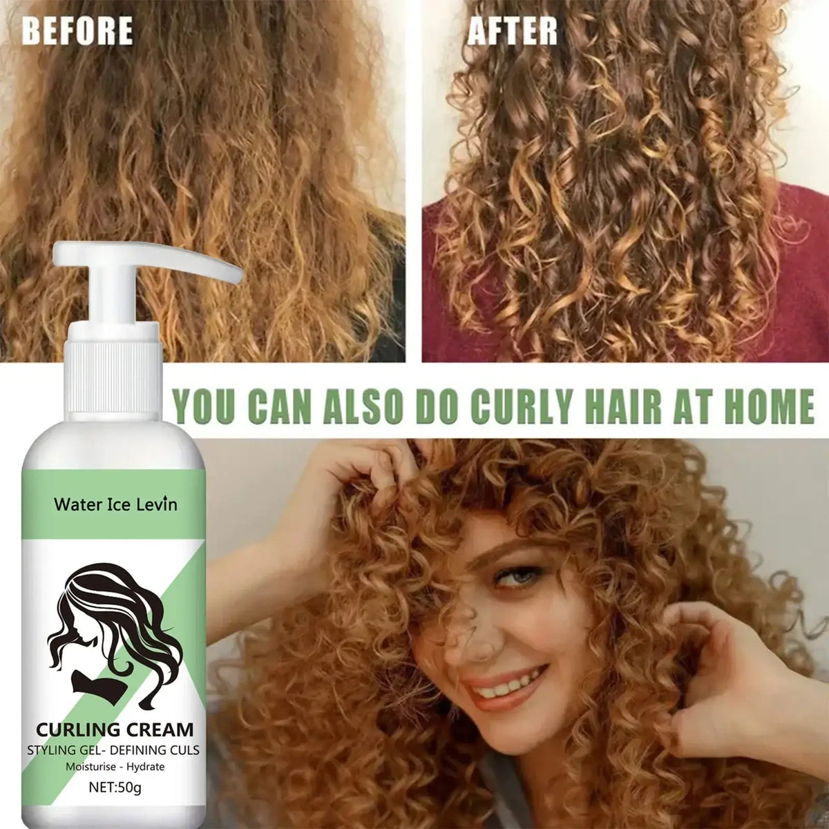 White pump bottle of white ice levin curling cream with green and white label designed as a keratin biotin curl enhancer