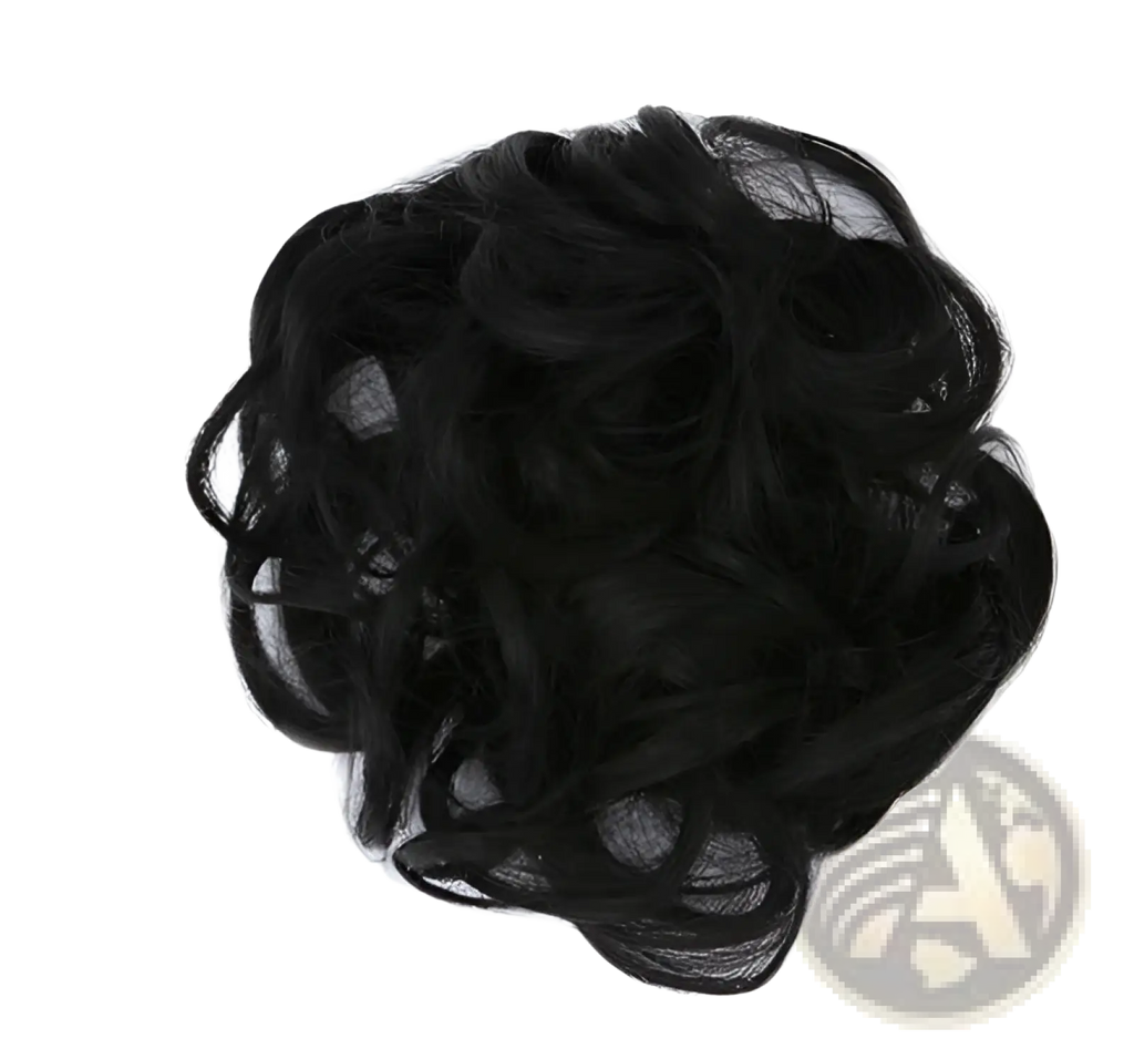Curly synthetic hair bun extension in black with soft voluminous texture and natural-looking curls