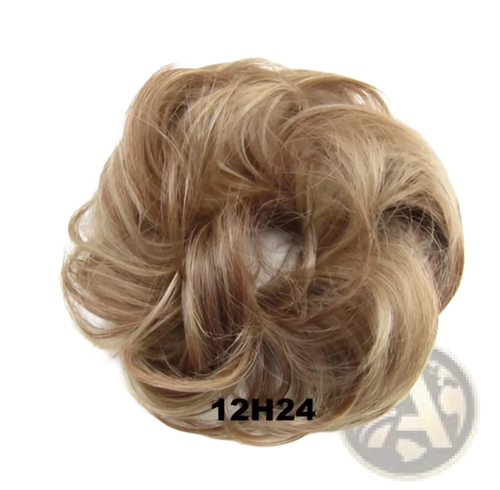 Curly synthetic hair bun extension in blonde with soft voluminous texture and subtle highlights shown from the back side