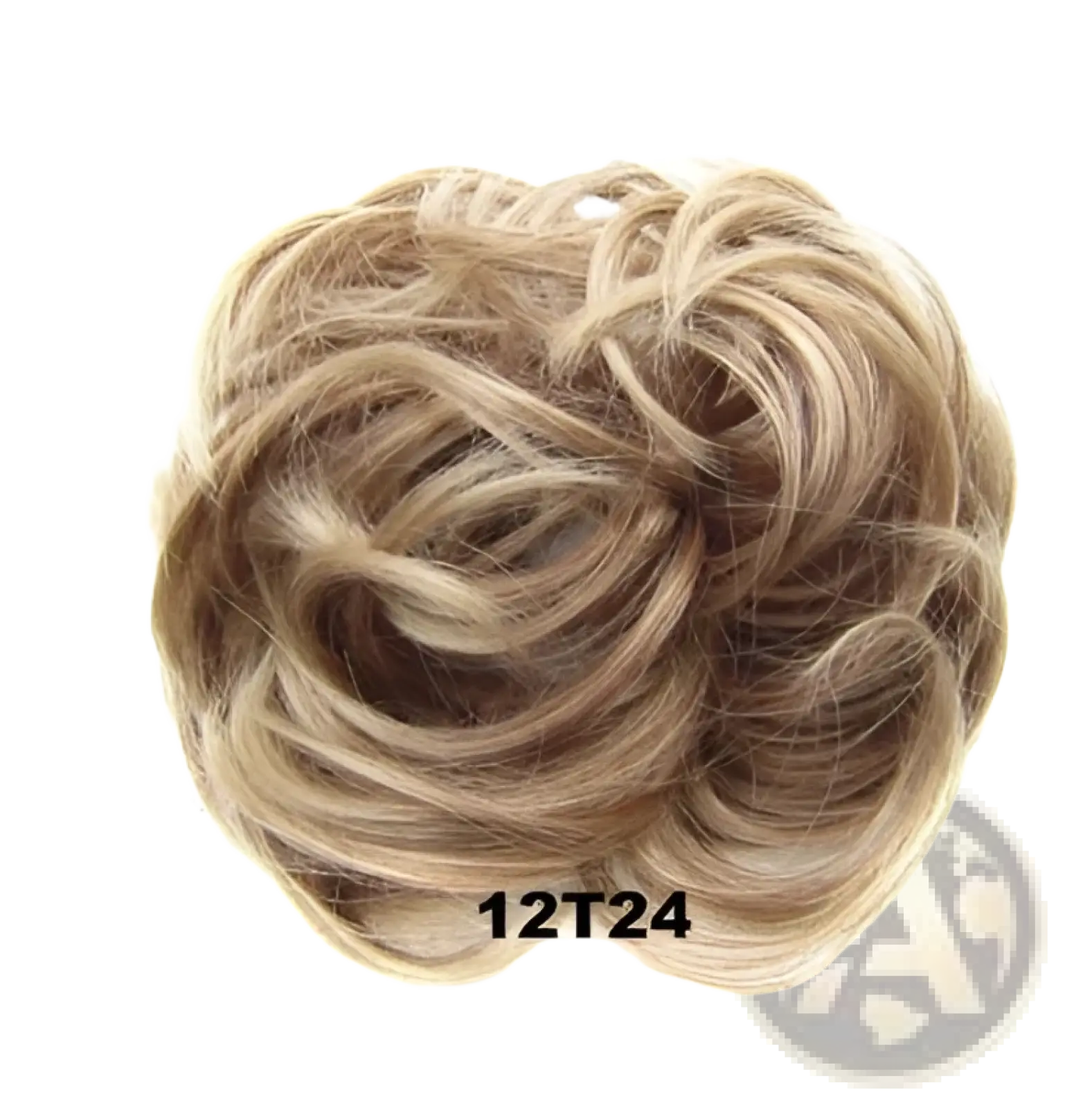 Blonde curly synthetic hair bun extension with soft voluminous texture in one of 46 available colors