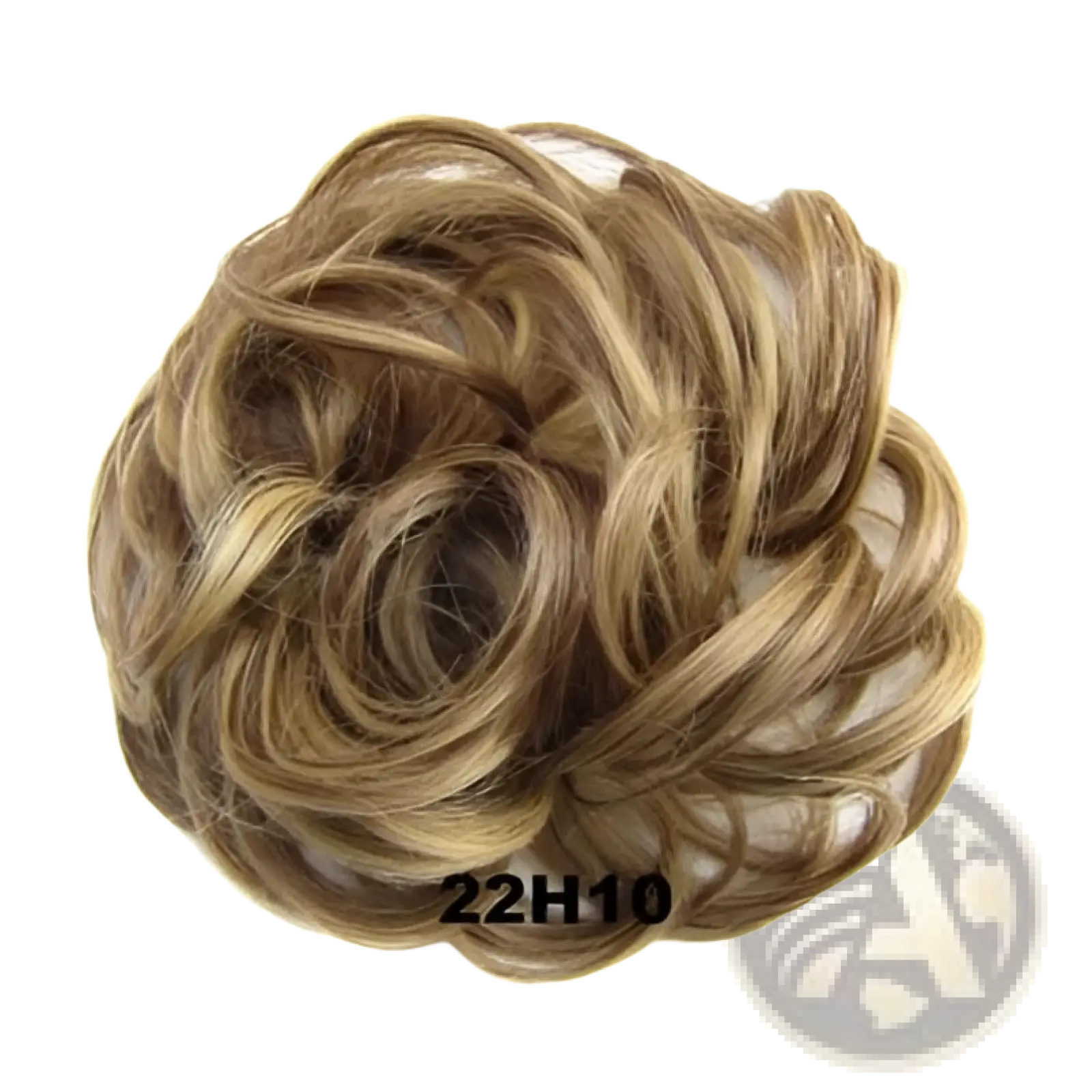 A voluminous light brown synthetic curly hair bun extension with a natural wave pattern in a light brown shade