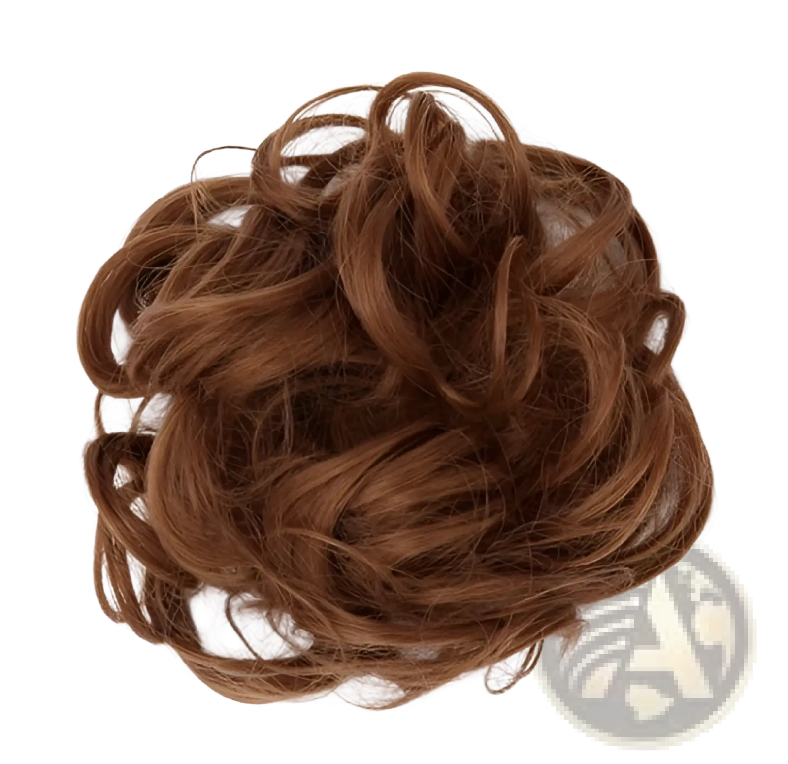 Curly synthetic hair bun extension in auburn color with a soft voluminous texture for easy styling