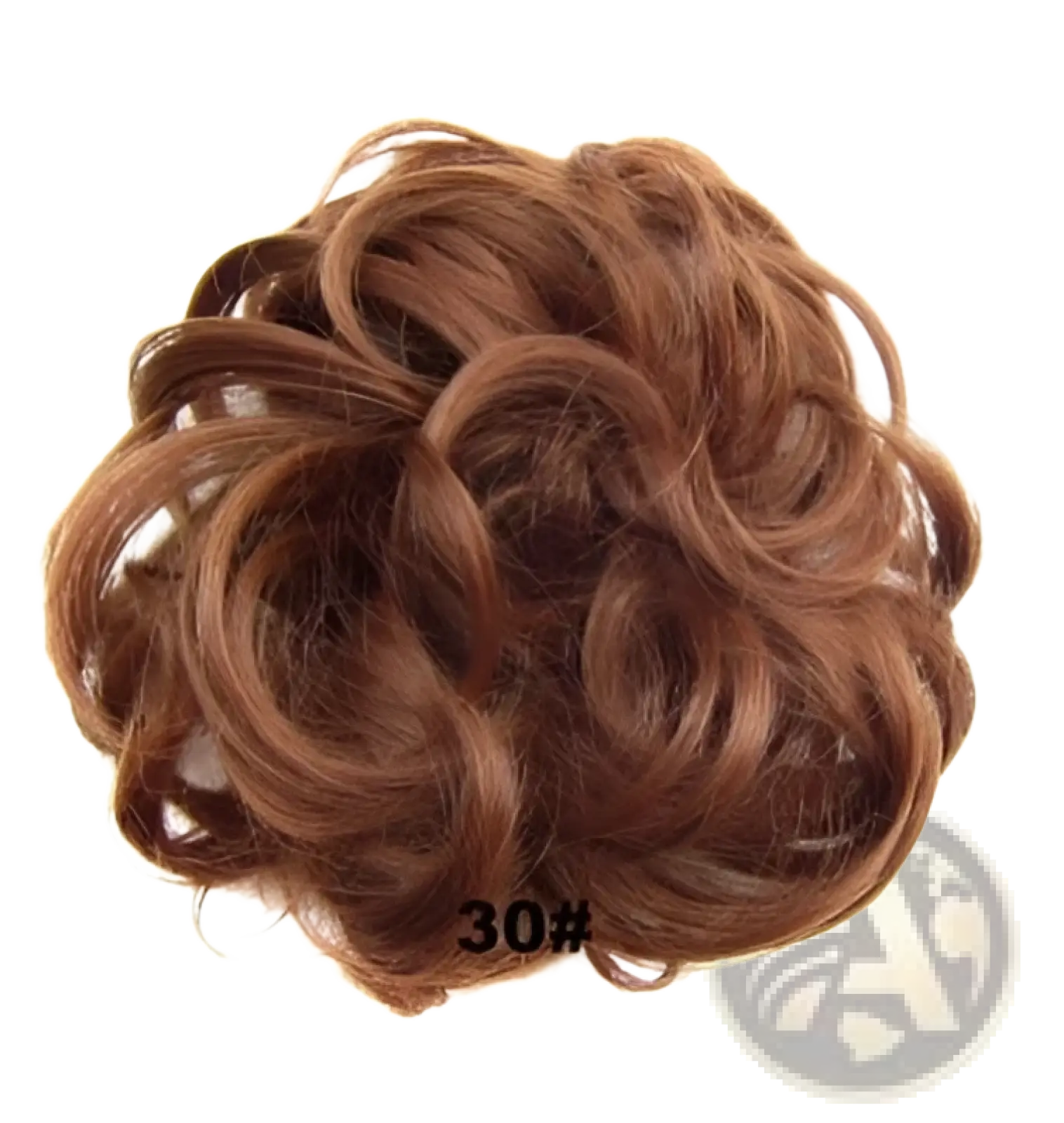 Curly synthetic hair bun extension in medium brown with voluminous soft curly texture and natural-looking strands