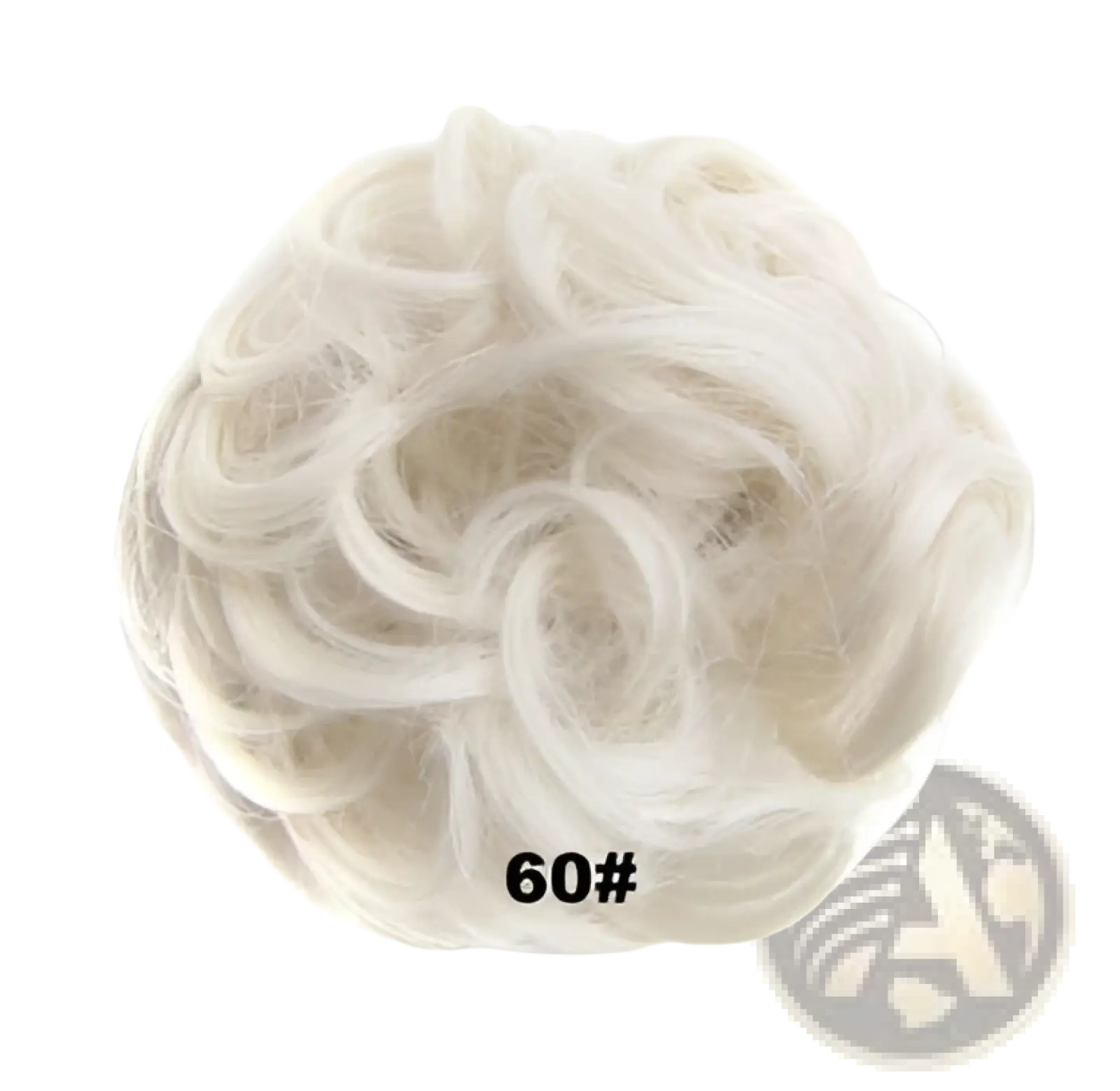 A fluffy off-white curly synthetic hair bun extension with a soft texture and translucent sheen in 46 colors