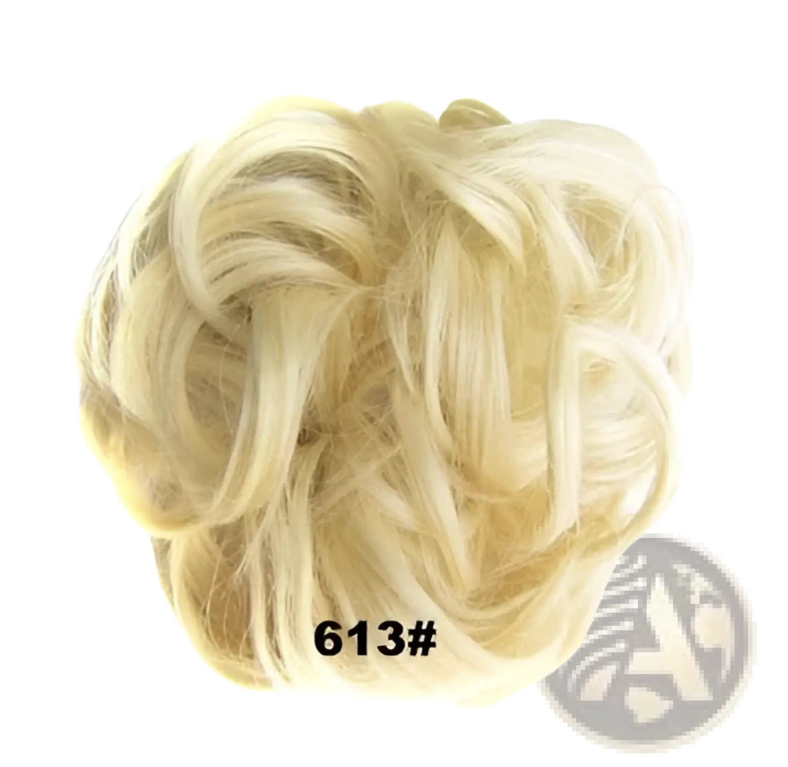 Blonde curly synthetic hair bun extension with soft voluminous texture and natural-looking curls in synthetic fiber