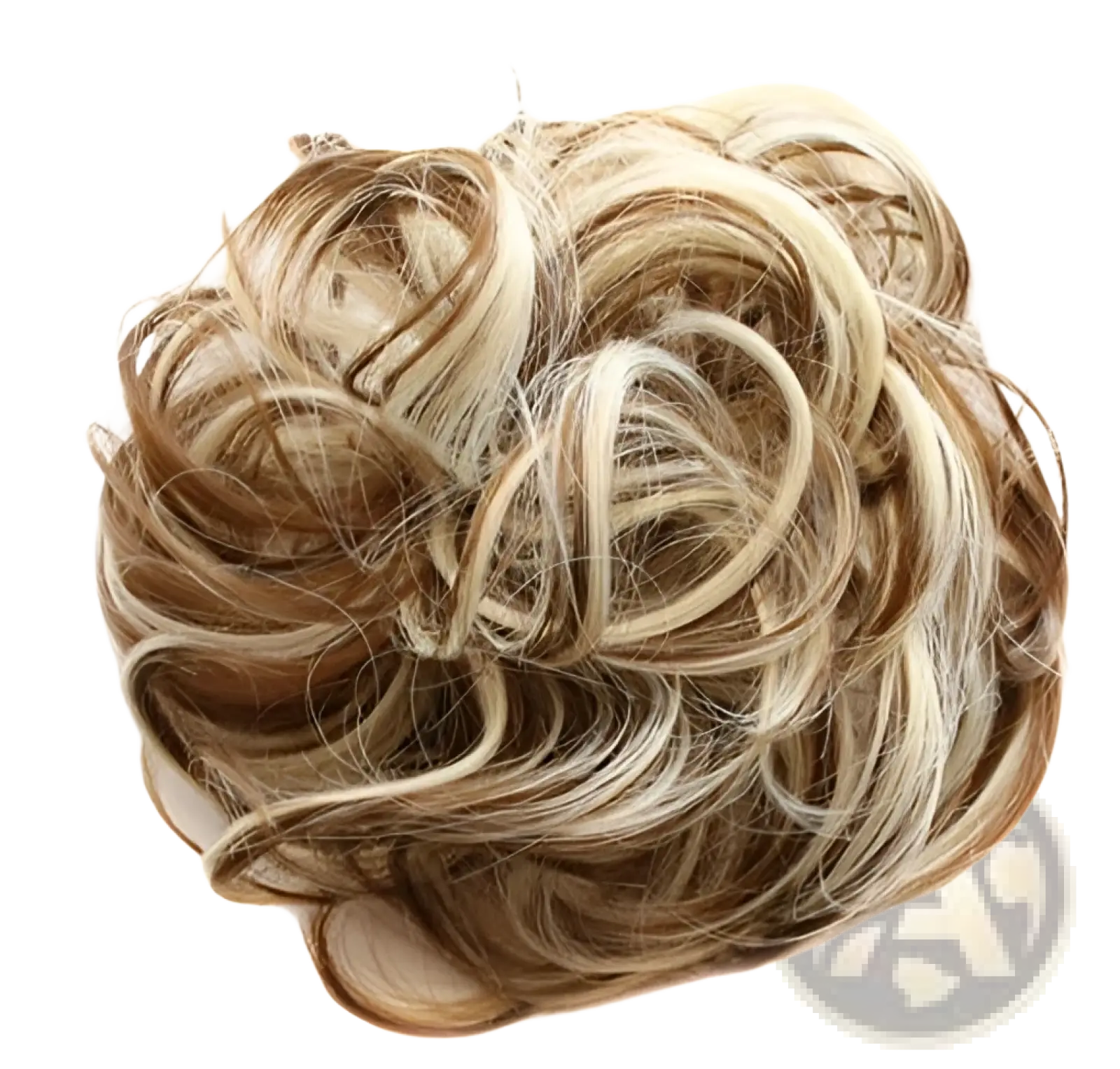 Blonde and brown ombre curly synthetic hair bun extension with soft voluminous texture in back view