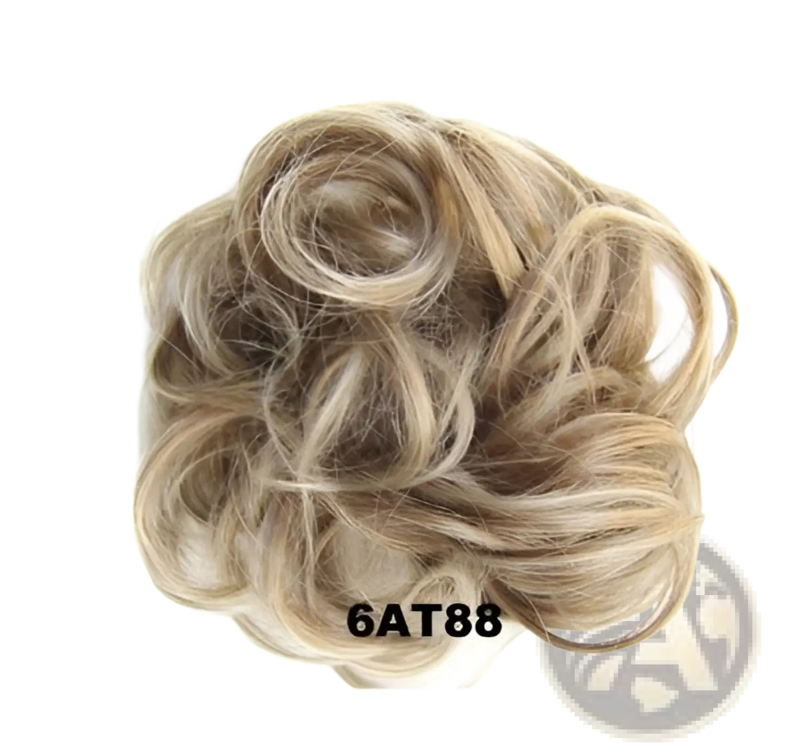 Blonde curly synthetic hair bun extension with soft voluminous texture in one of 46 available colors