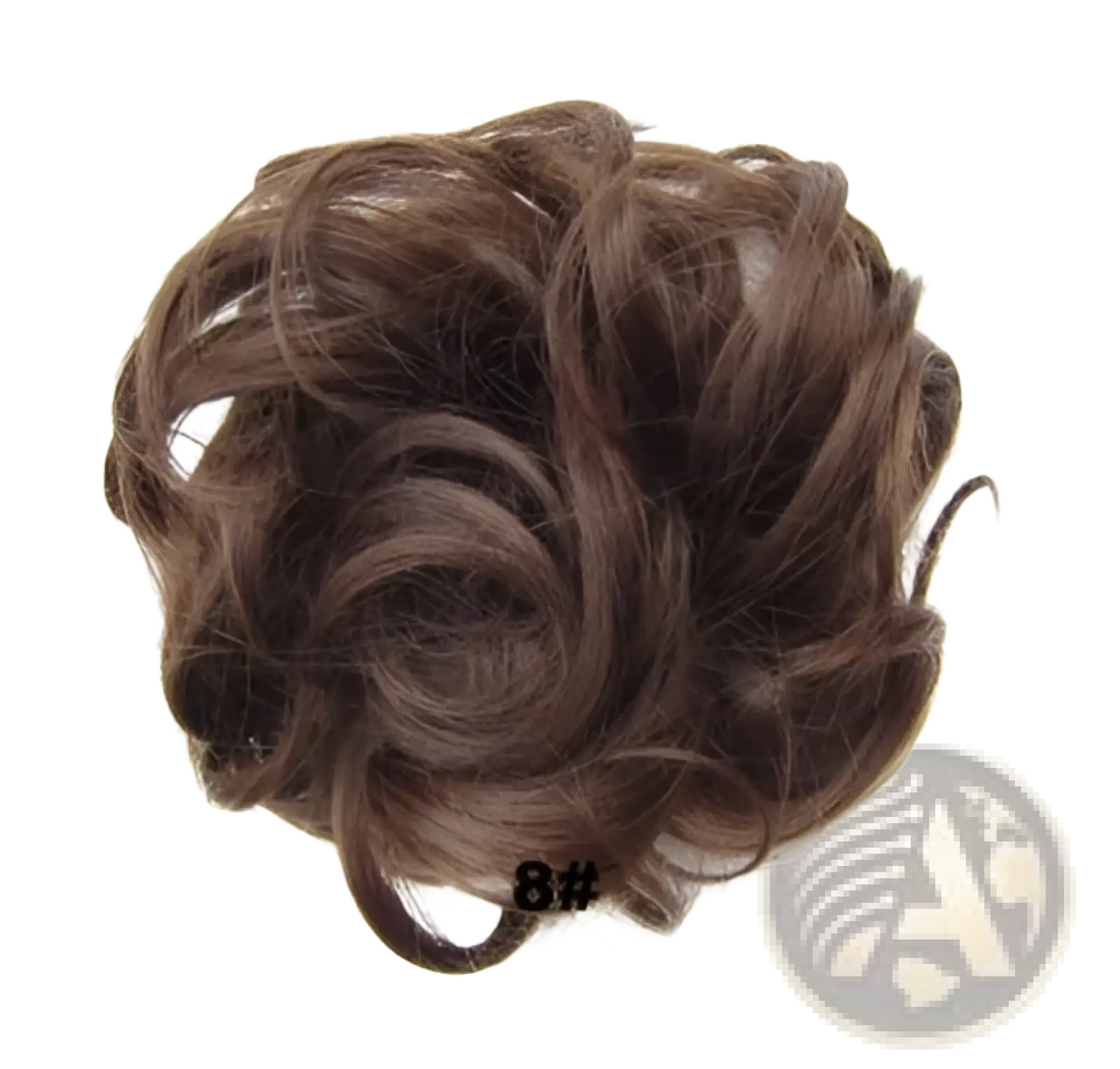 A brown curly synthetic hair bun extension made from high quality synthetic fibers for easy styling
