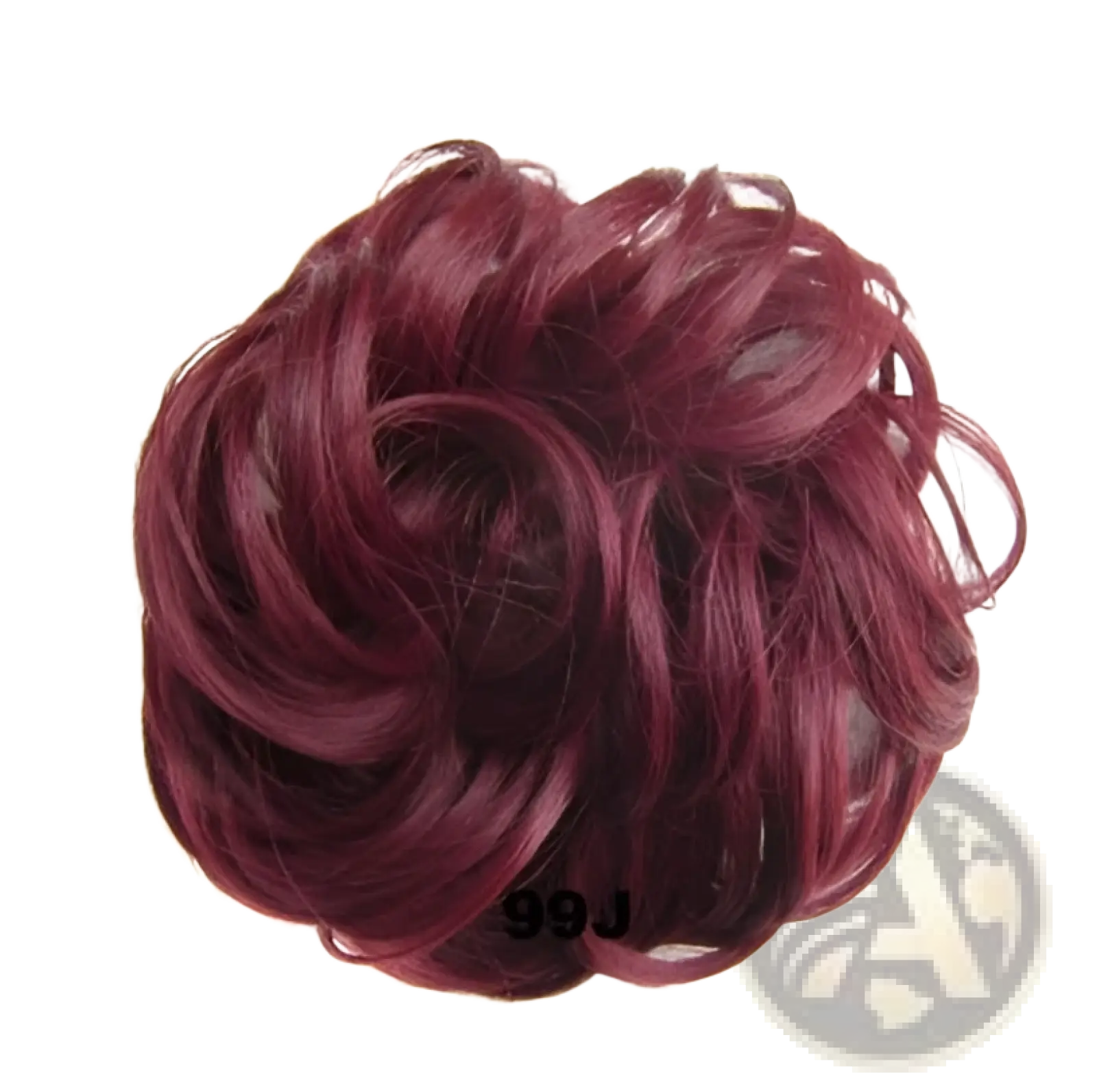 A plush deep burgundy curly synthetic hair bun extension with soft wavy texture and natural-looking strands