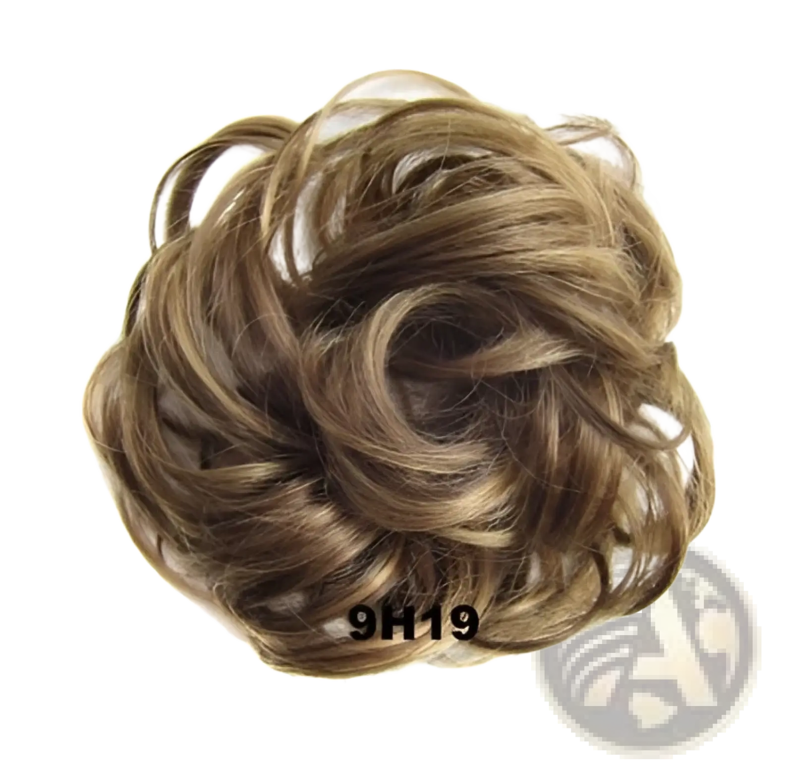 Curly synthetic hair bun extension in light brown with voluminous layered curls and natural texture