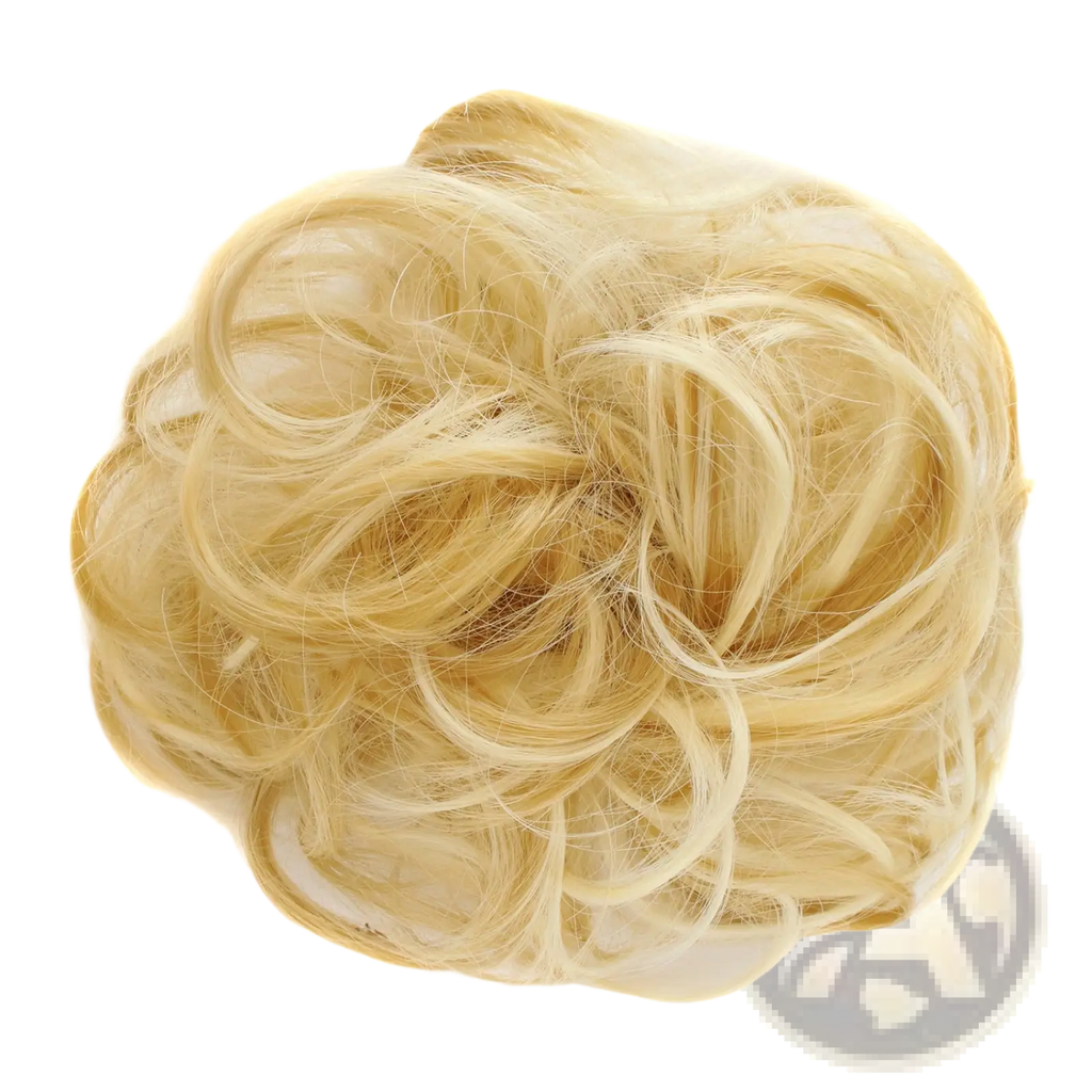 Blonde curly synthetic hair bun extension with soft voluminous texture and natural looking curls