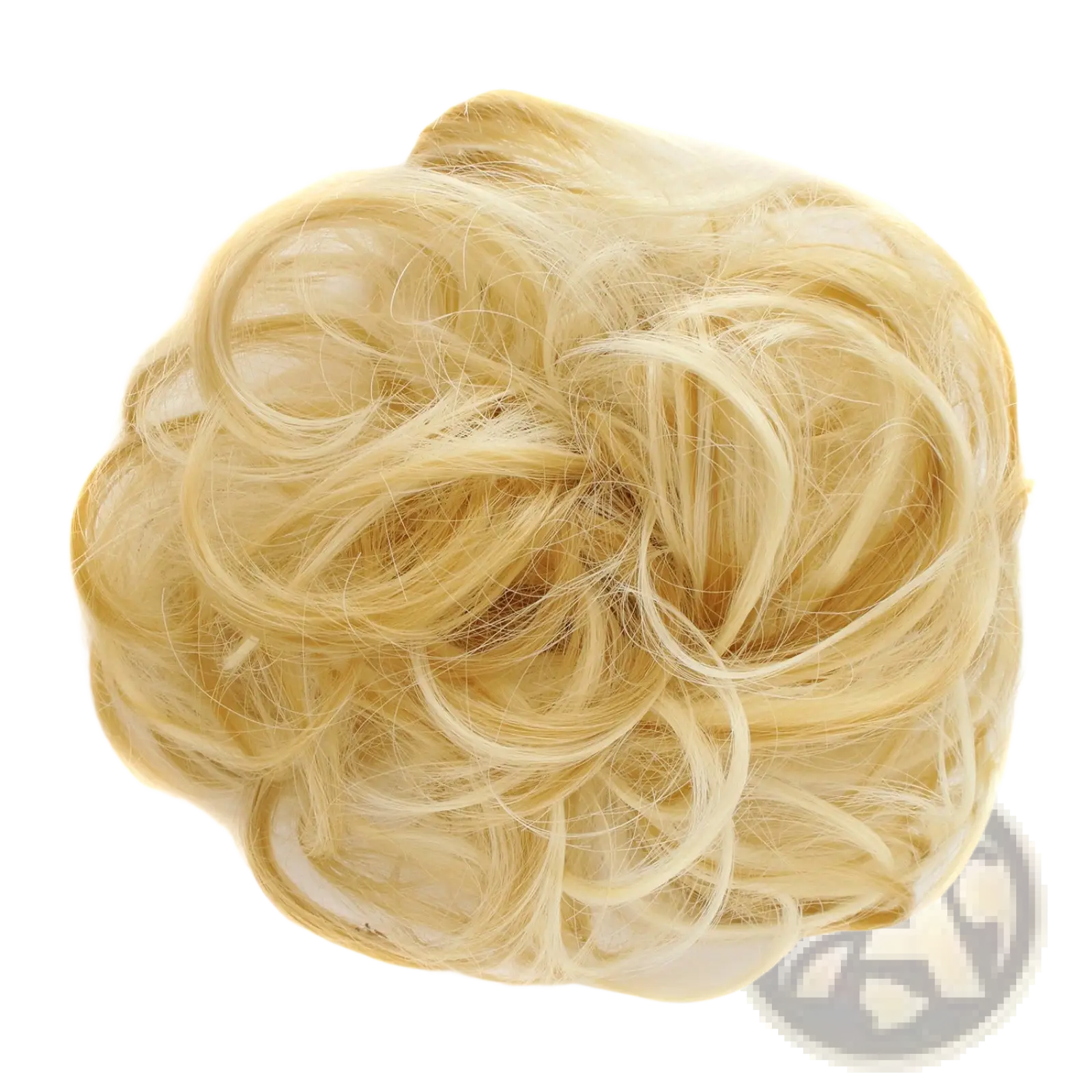 Blonde curly synthetic hair bun extension with soft voluminous texture and natural looking curls