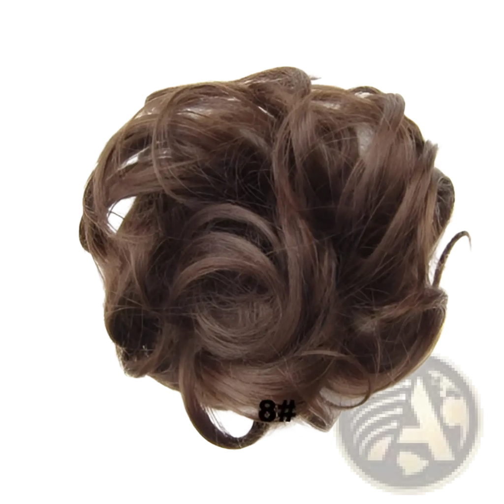 Curly synthetic hair bun extension in brown with natural texture and slight sheen for versatile styling