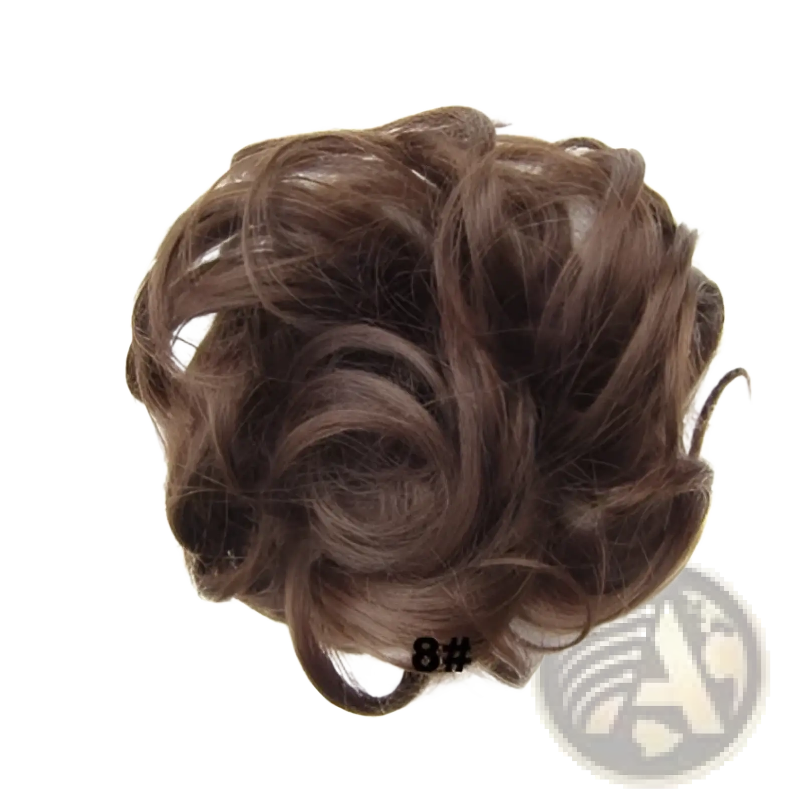 Curly synthetic hair bun extension in brown with natural texture and slight sheen for versatile styling