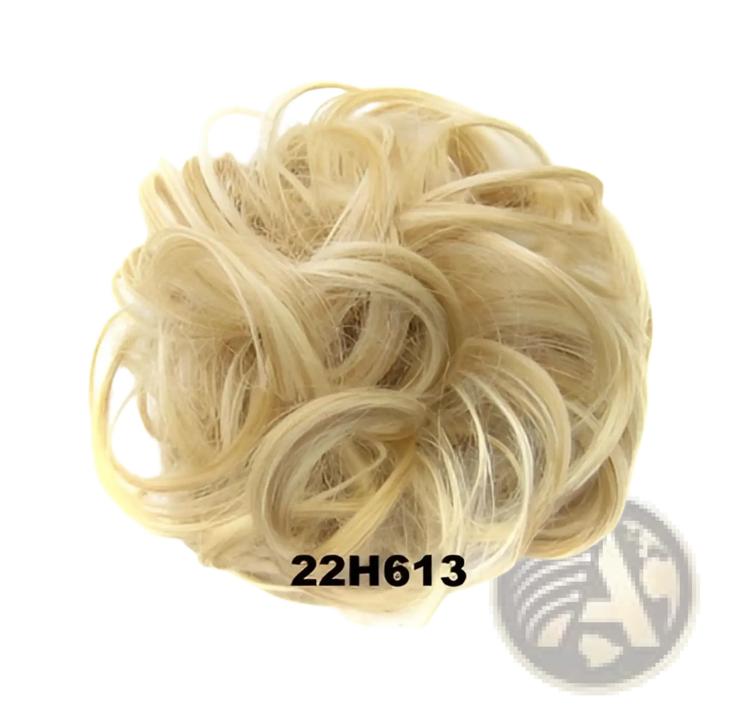 Curly synthetic hair bun extension in blonde featuring a voluminous, textured style for easy hair styling