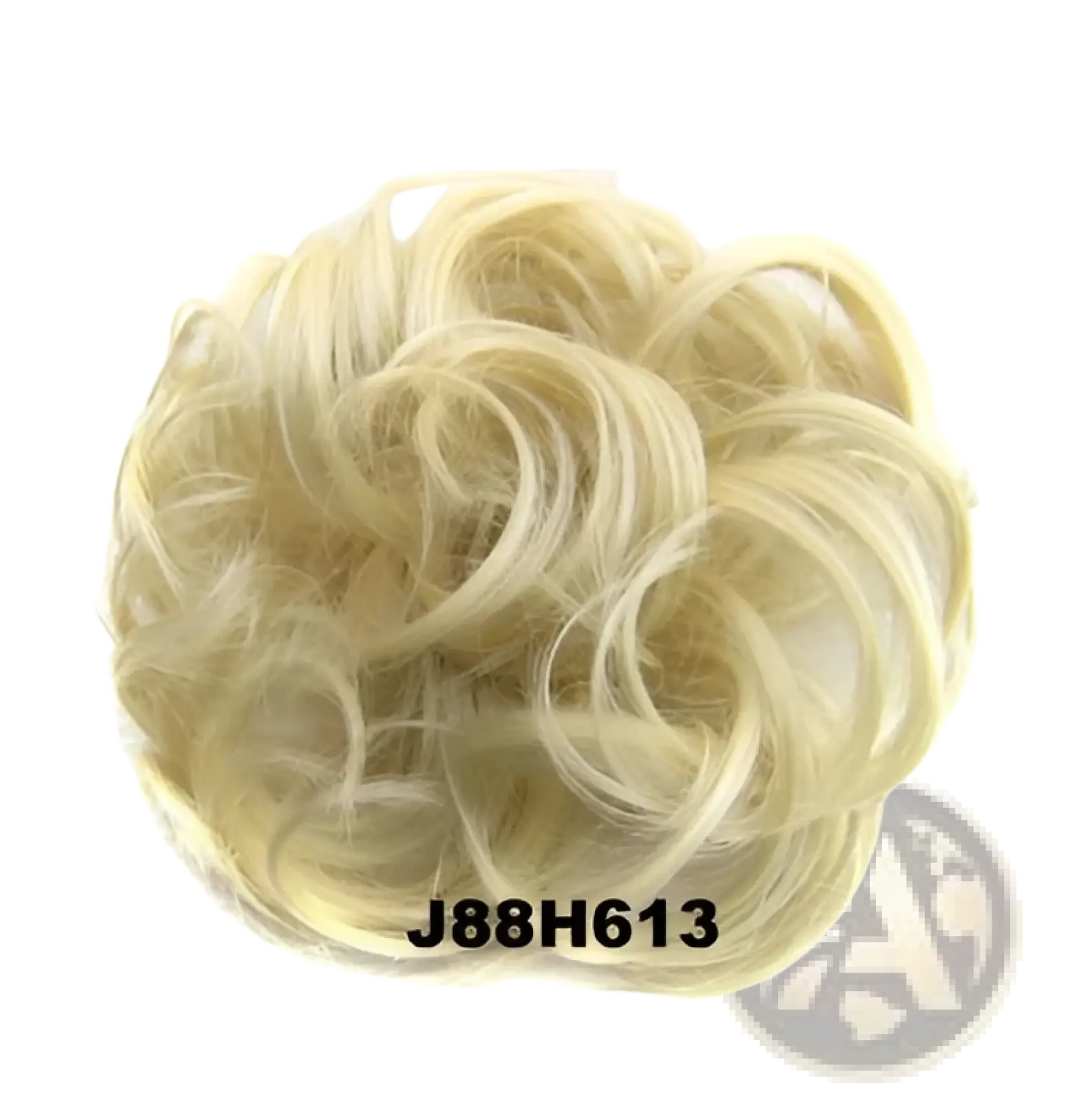 Blonde curly synthetic hair bun extension with soft voluminous texture and natural looking curls