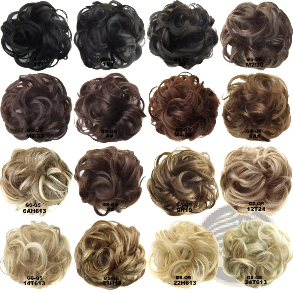 A collection of curly synthetic hair bun extensions in 46 colors including black brown blonde and gray with varied textures