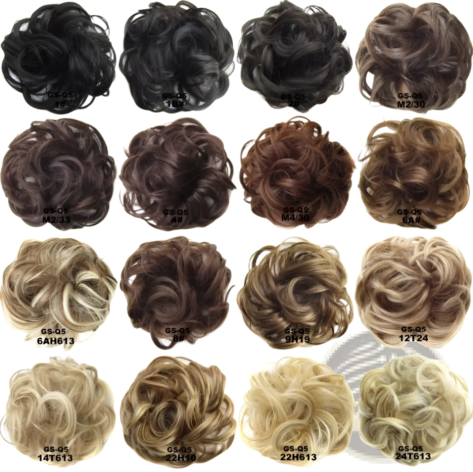 A collection of curly synthetic hair bun extensions in 46 colors including black brown blonde and gray with varied textures