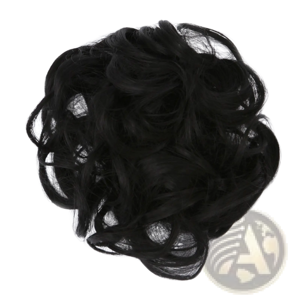 Curly synthetic hair bun extension in black featuring a textured curly design for versatile styling options