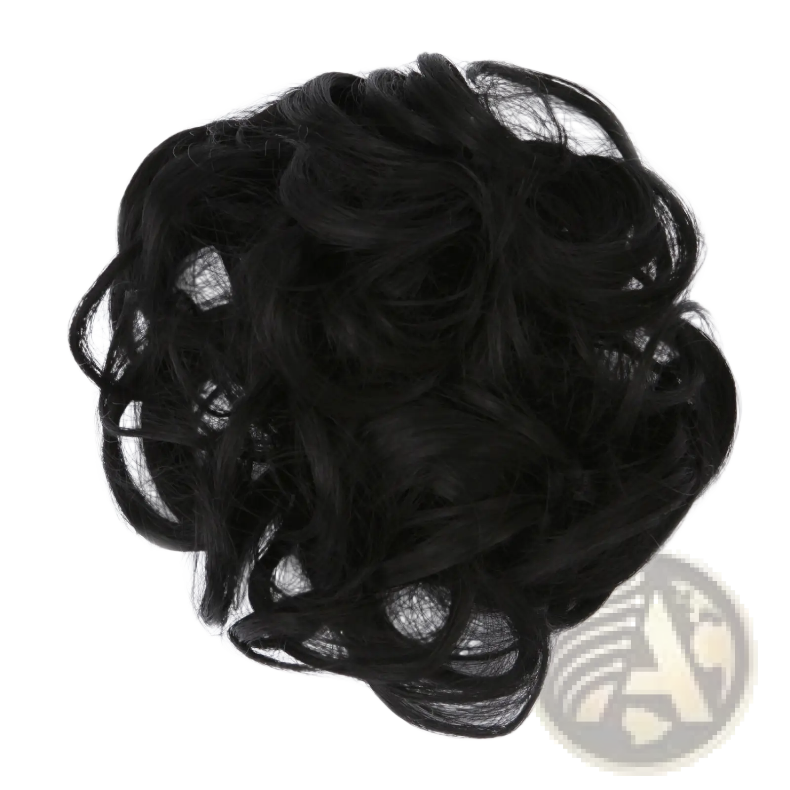 Curly synthetic hair bun extension in black featuring a textured curly design for versatile styling options